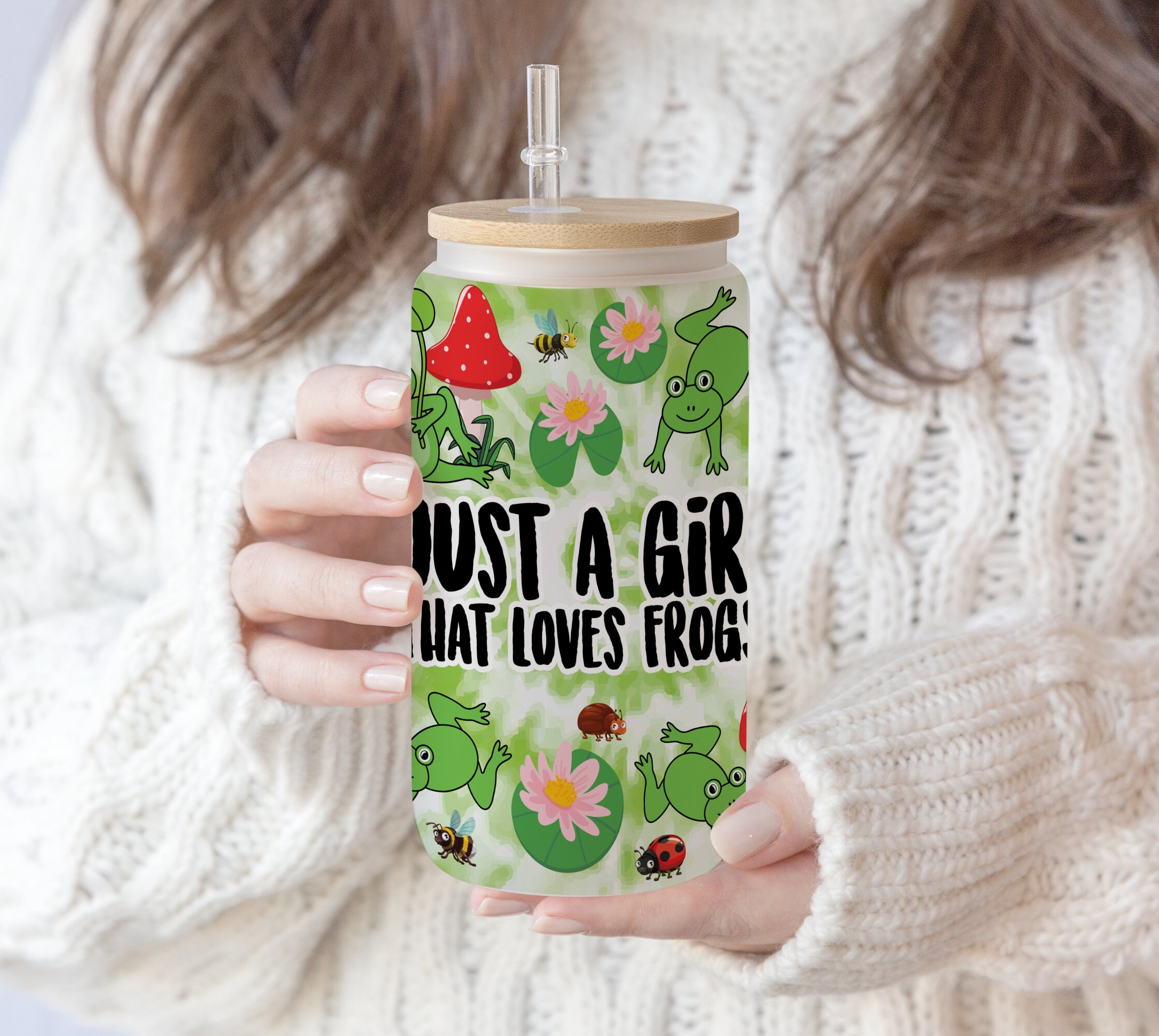 16 oz Libbey Beer Glass Can Tumbler Sublimation Frog cute frog things Just a girl that loves frog tumbler wrap, animal lover png digital