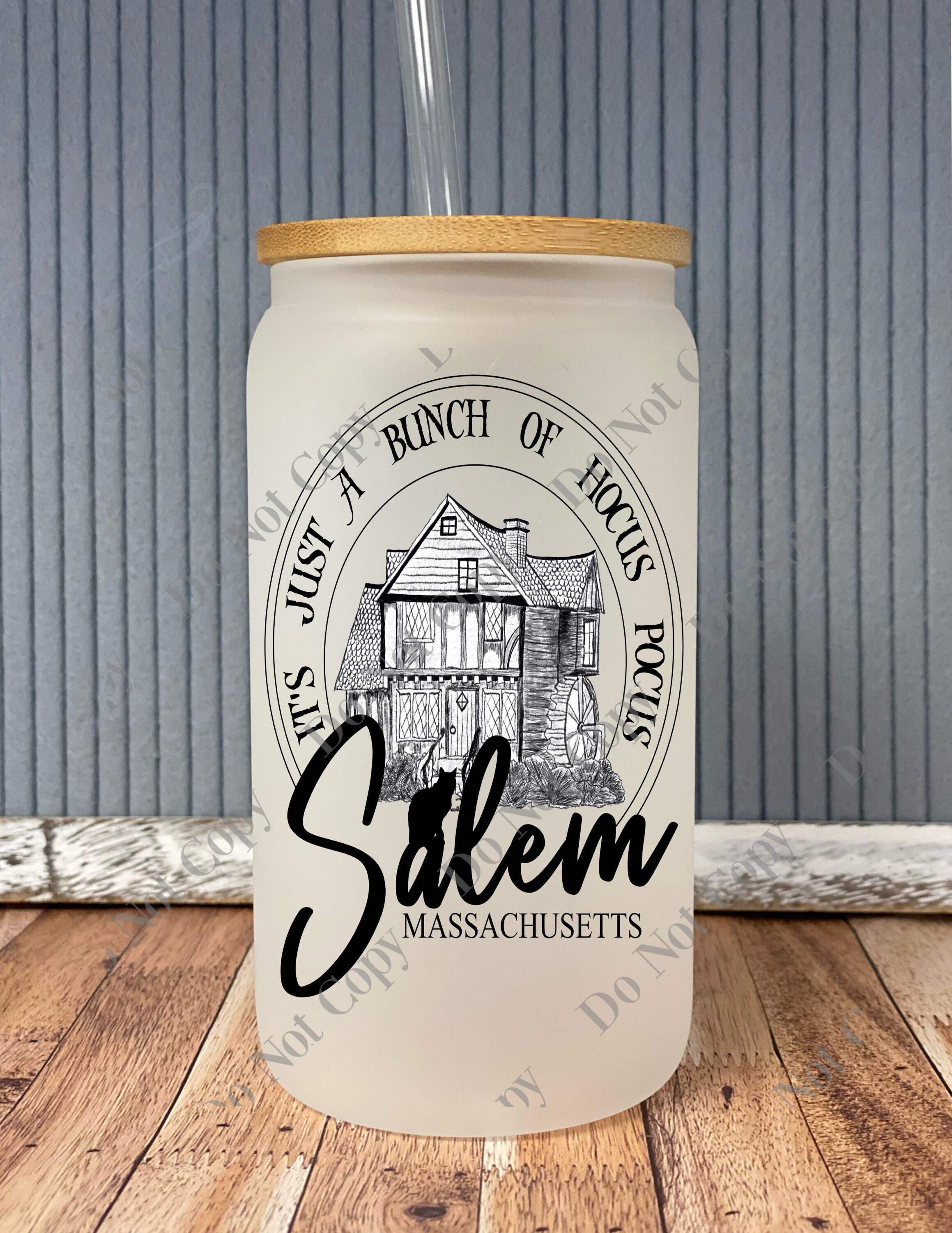 Salem witch house- frosted can shaped glass with lid and straw