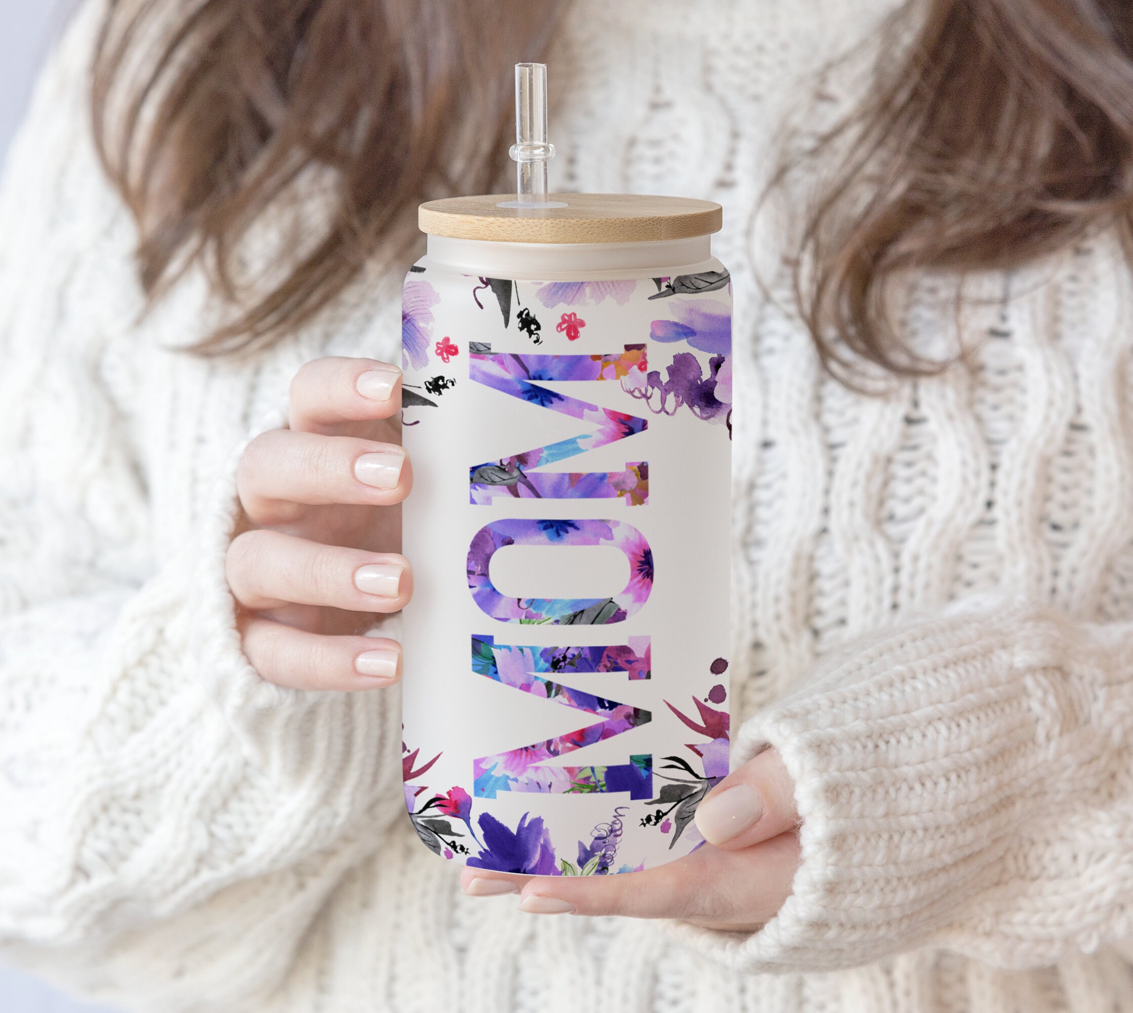 16 oz Libbey Glass Can Tumbler Mama Mom Watercolor Flower , Mum life floral Sublimation Design Love Mom Tumbler Wrap, Waterslide glass PNG