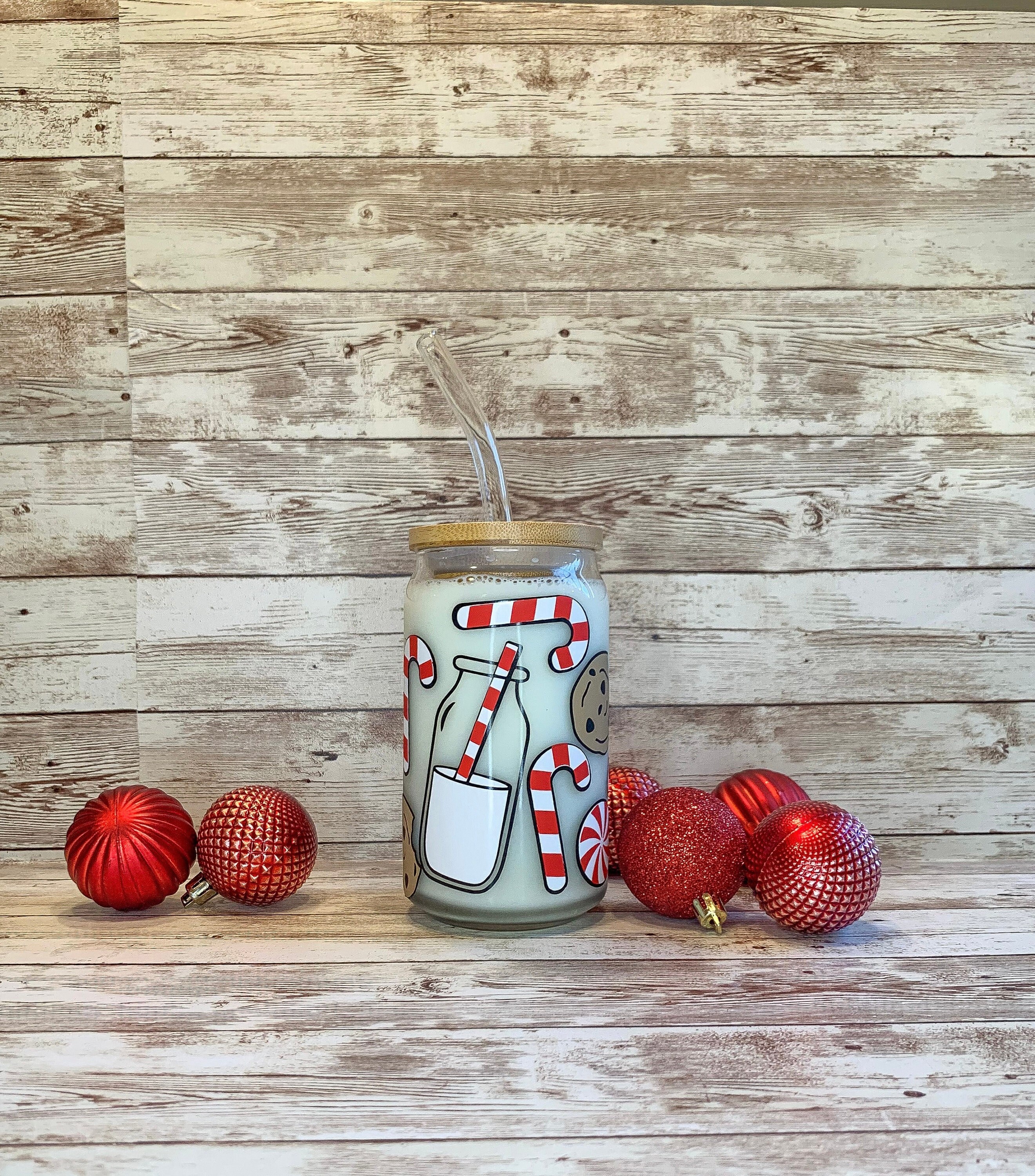 Milk for Santa Glass / Milk and Cookies beer can glass / Christmas Eve Cup / Iced Coffee Glass / Christmas Gift / Gift for her / Holiday Cup