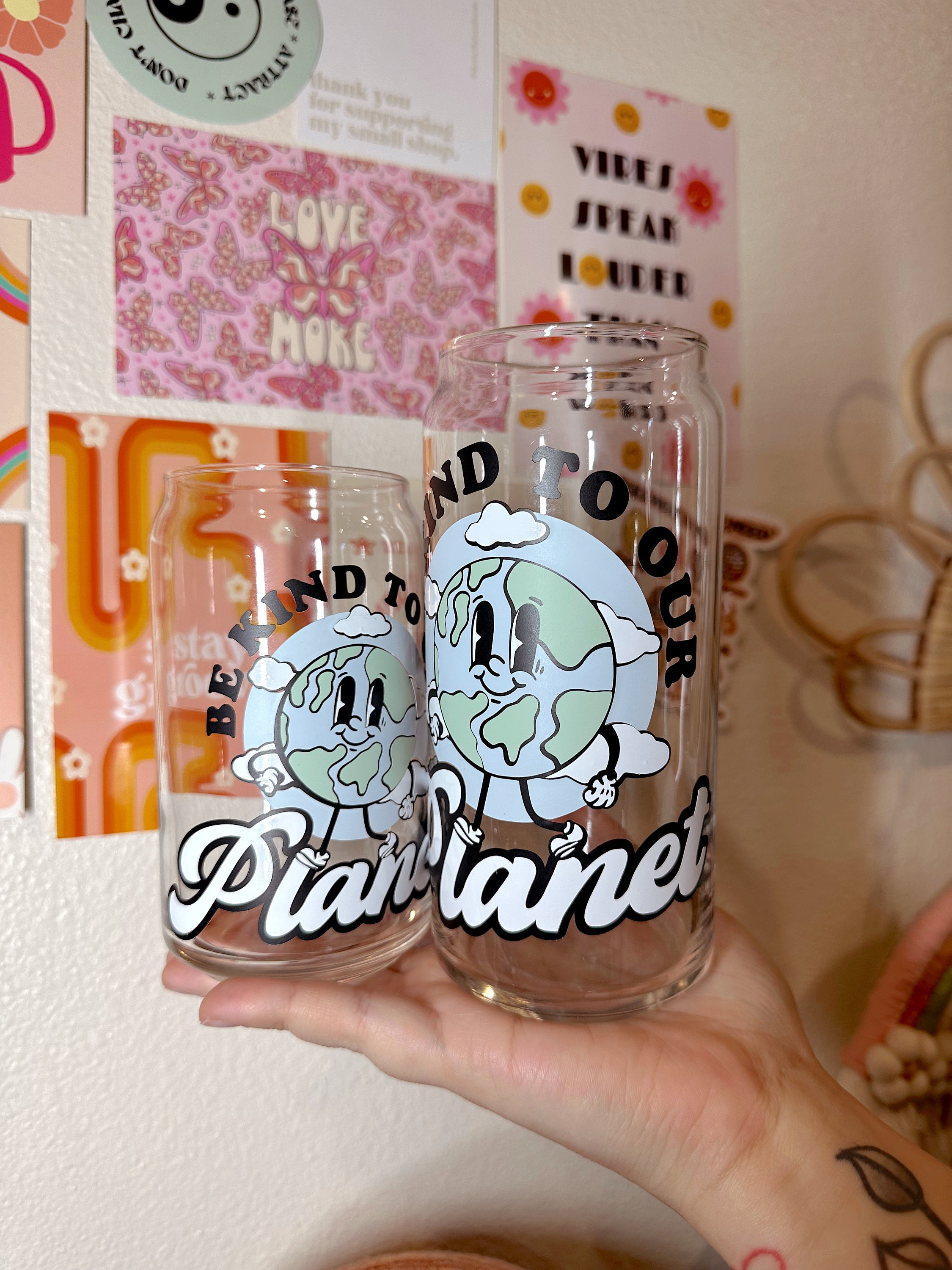 Be Kind To Our Planet Glass Cup, Earth Day Glass Cup, Save Our Planet Glass Cup, Retro Earth Character