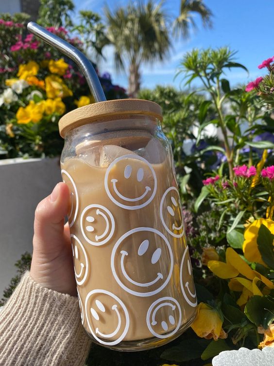 Smiley Face, Happy Coffee Cup, Trendy Coffee Cup, Glass Cup