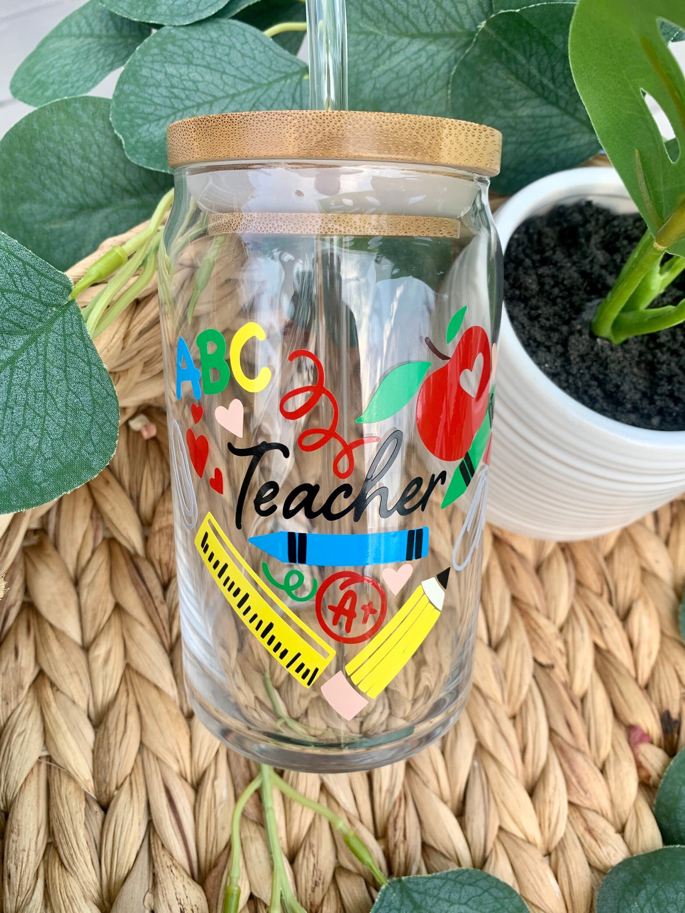 Teacher beer can glass, teacher end of year gift, Beer glass, libbey glass, coffee glass, engraved bamboo lid, iced coffee glass