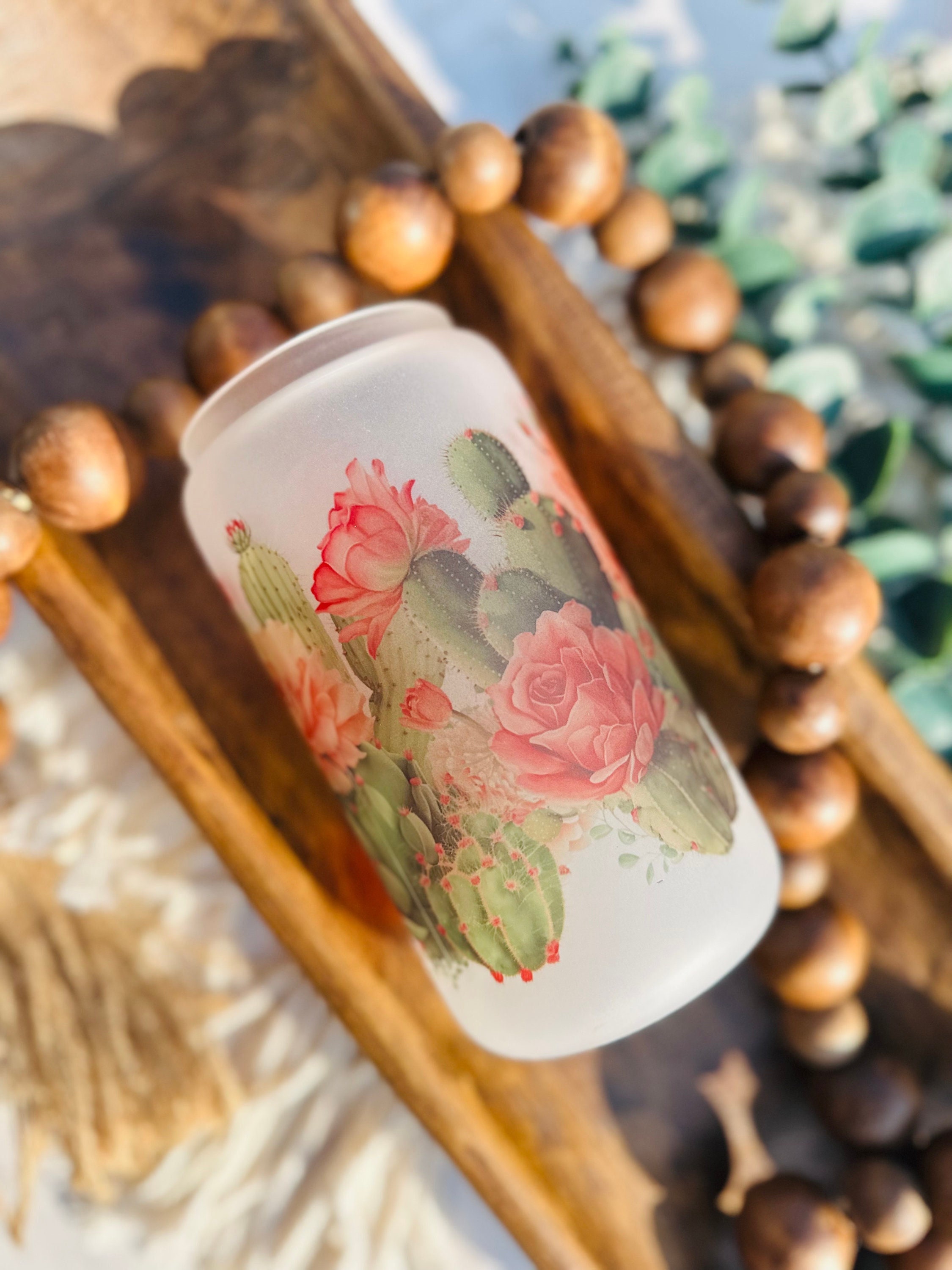 Cactus frosted beer can glass, sublimation glass, floral cup, bamboo lid and straw, libbey glass, coffee glass, iced coffee glass