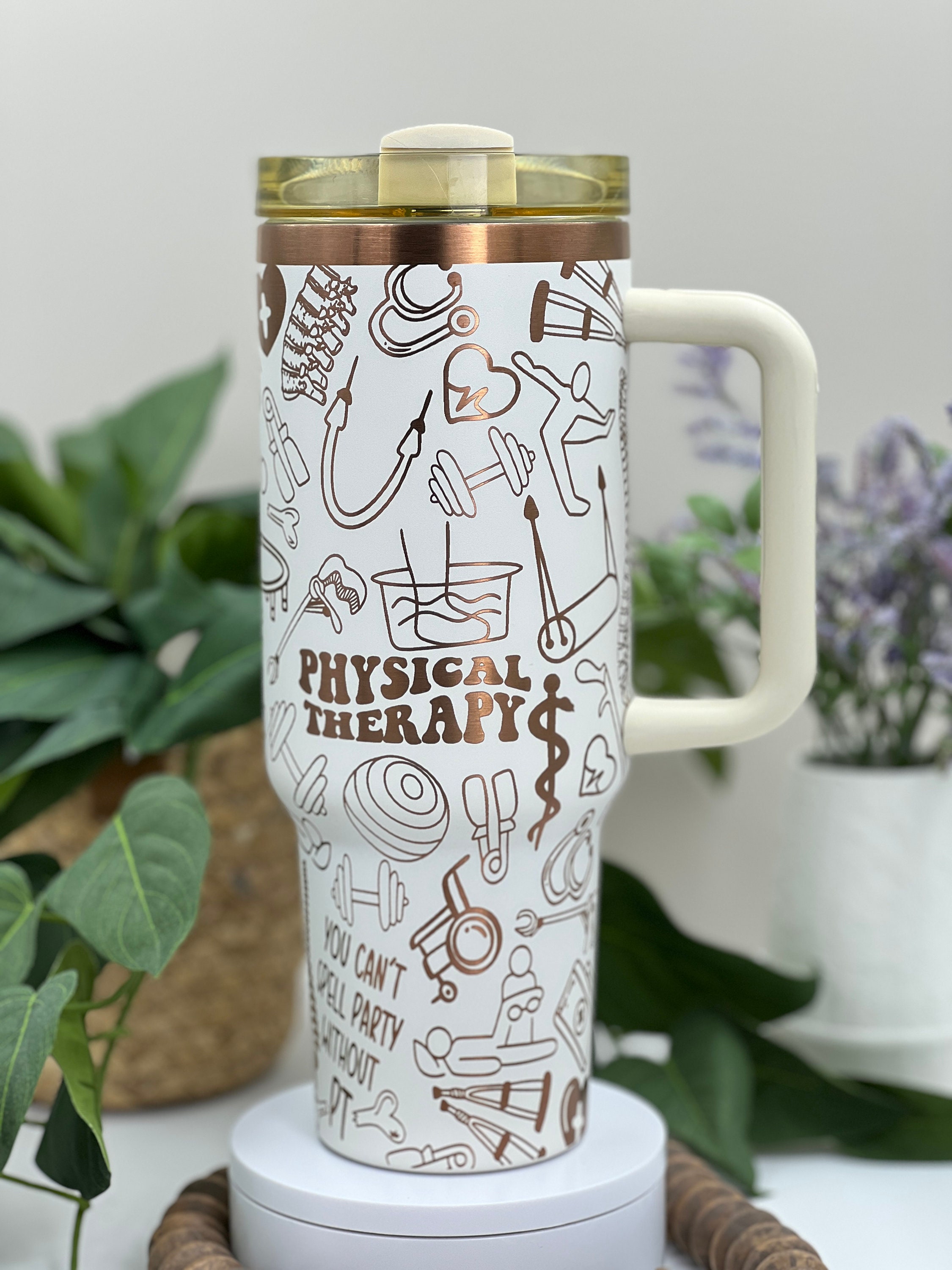 Physical Therapy Laser Engraved 40oz Tumbler with Handle Lid and Straw, Custom Engraved Seamless Tumbler, Double Wall Insulated Cup