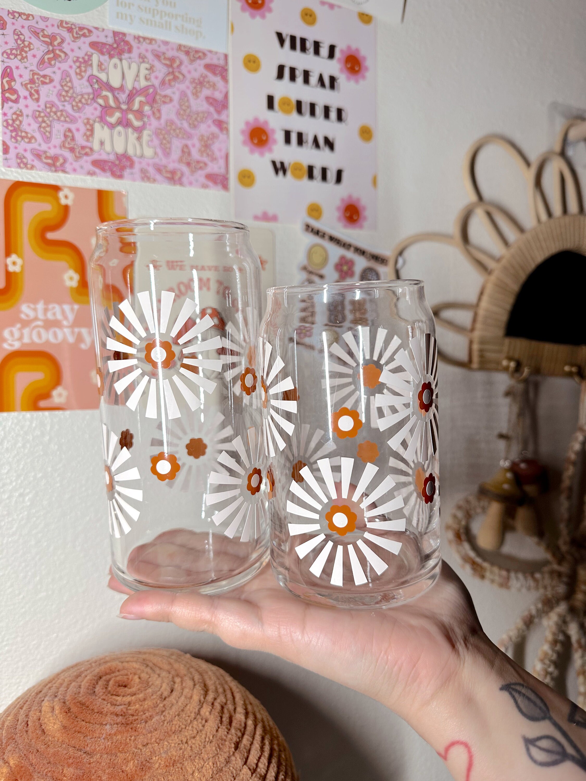 Rays Of Flowers Glass Cup, Floral Glass Cup, Retro Flower Glass Cup, Groovy Glass Cup, Minimalistic Glass Cup, Trendy Glass Cup