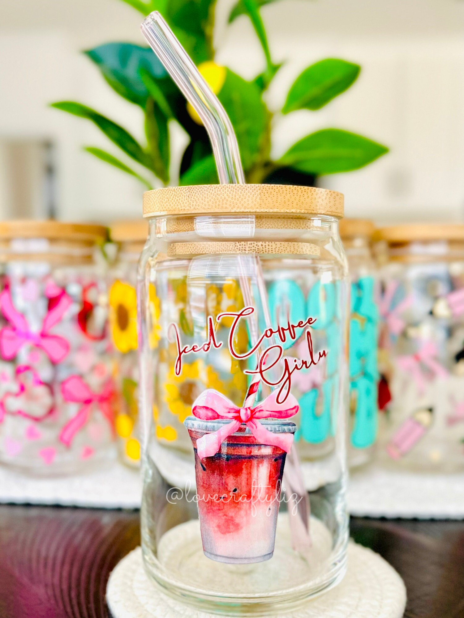 Coquette Iced Coffee Girly 16oz Beer Can Glass | Spring Cup |Gift | Mom | Floral | Boho | Summer | Bows | Aesthetic | Ribbons | Pink | Retro