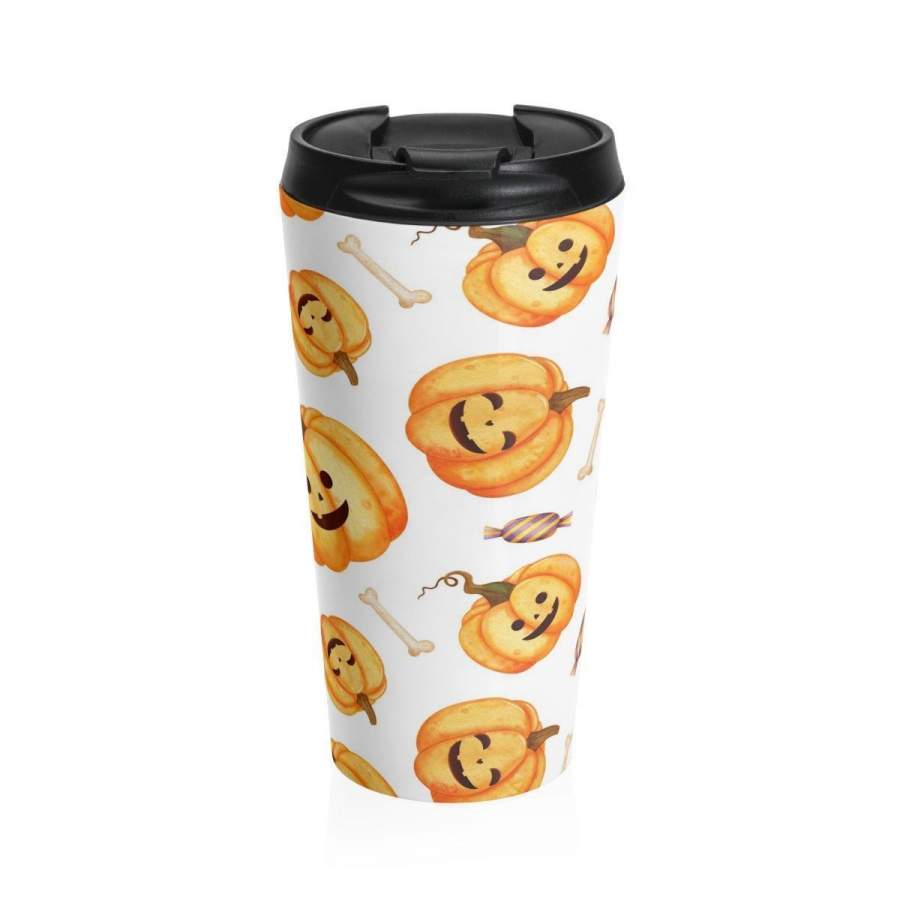 Stainless Steel Travel Mug, Halloween Pumpkin Holiday Travel Mug, All Over Print Steel Mug, 15 Ounce Tumbler, 15oz Coffee Tea Drinkware Mug