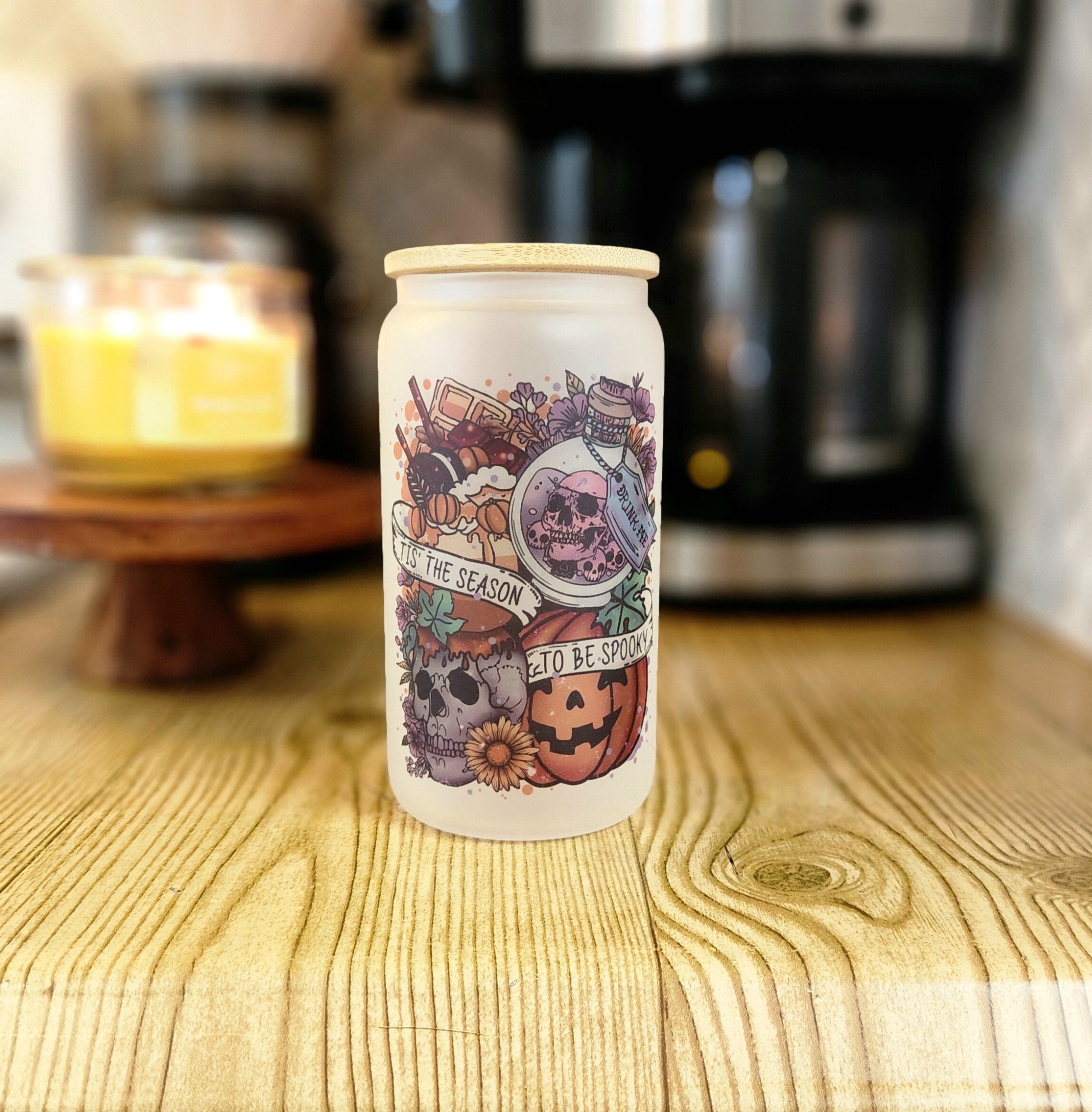 Tis the season to be spooky iced coffee cup, fall coffee cup, Iced Coffee Cup ,  Glass Cup with Lid and Straw ,coffee aesthetic, spooky