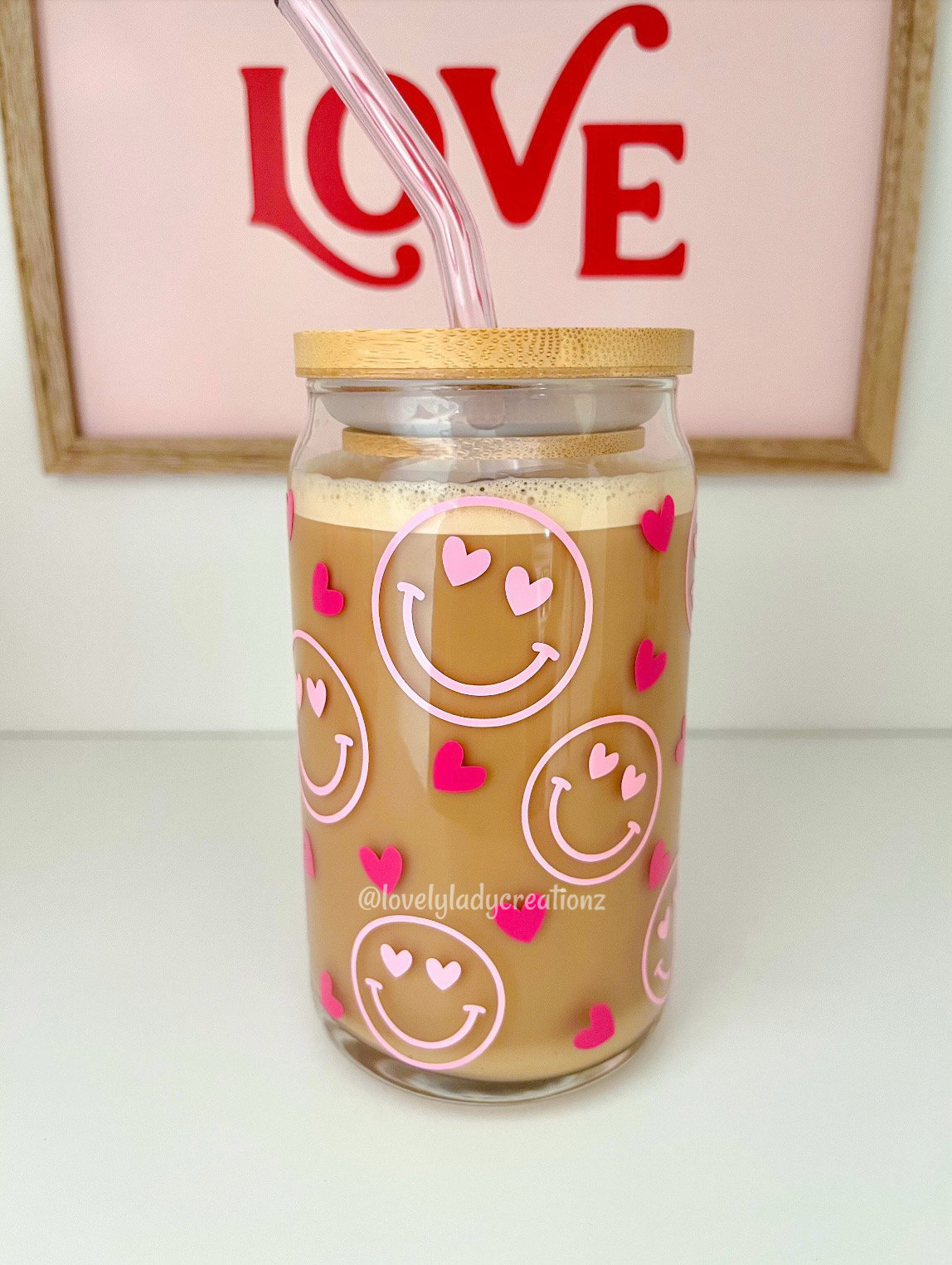 Smiley Face and Hearts Glass Cup / Valentines Glass Cup / Iced Coffee Glass / Cute Coffee Cup / Valentines Gift / Gifts for Her