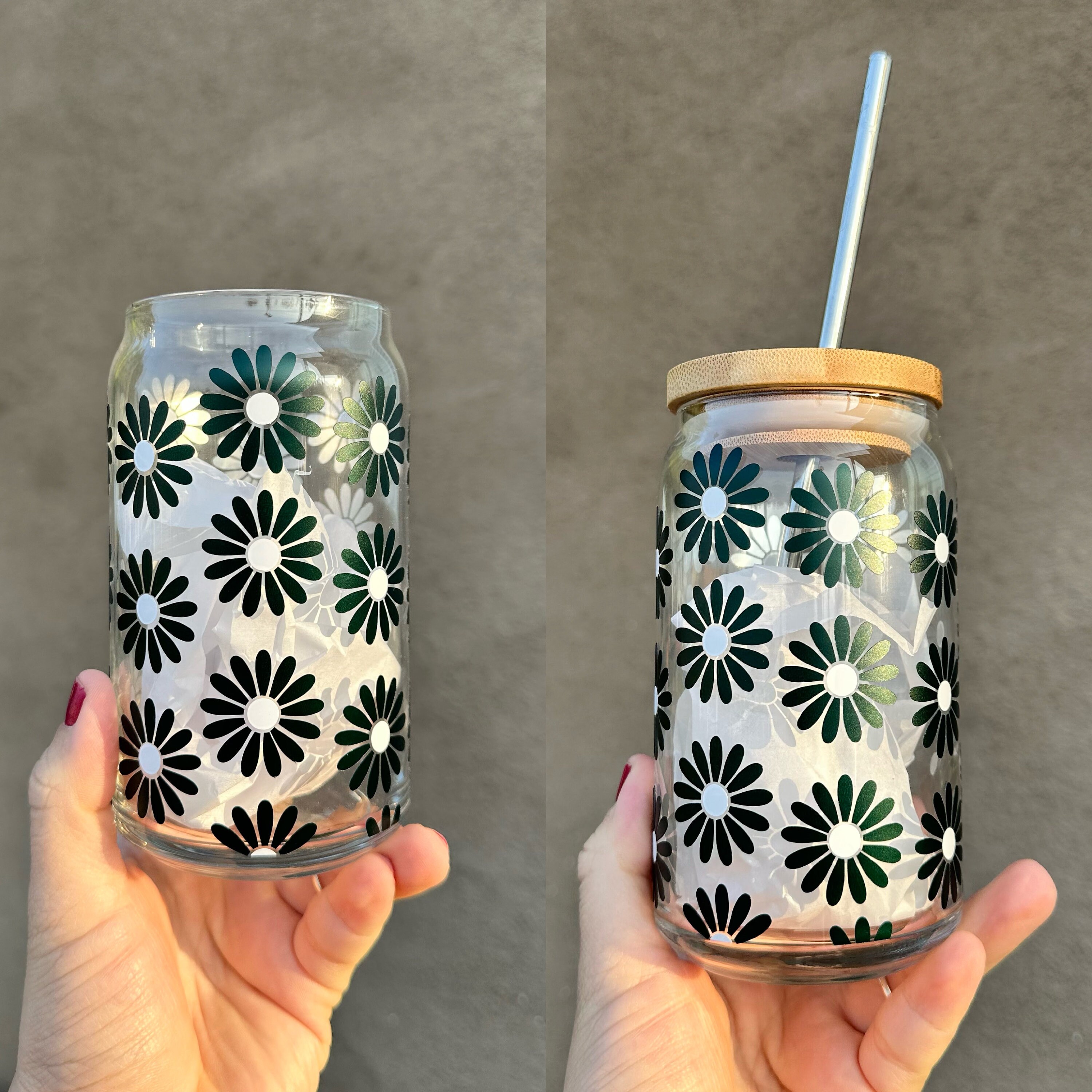 Daisy Beer Glass Can, Dark green flowers, Girly Beer Glass Cup, Flower Cups, Daisy Decor, Daisies, Daisies Flowers, Aesthetic beer glass can