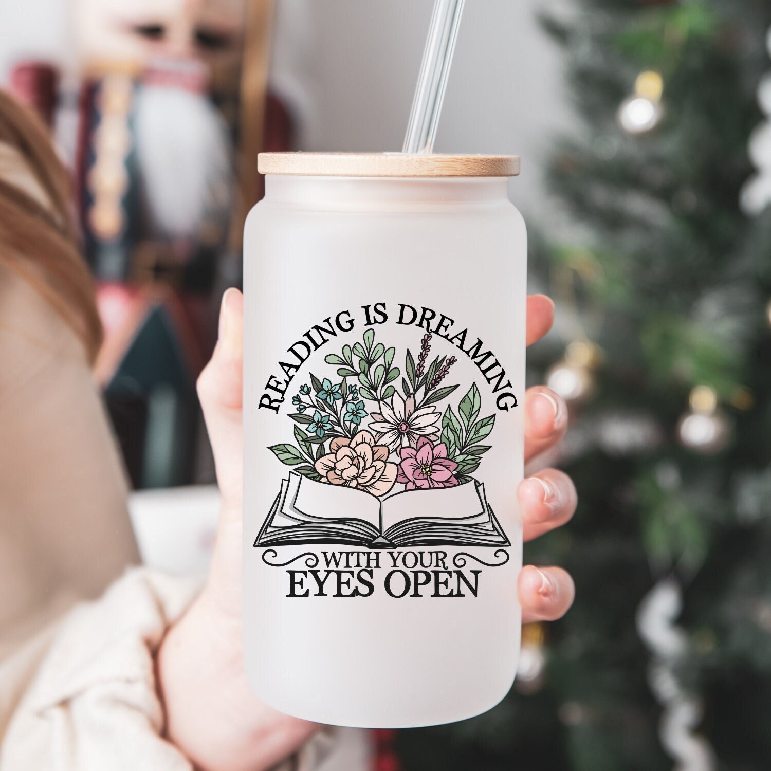 Book Lover Glass Can | Reading Coffee Glass | Gift for Book Lover | 16oz Libbey Glass | Coffee Glass | Christmas Coffee Can | Gift for Her