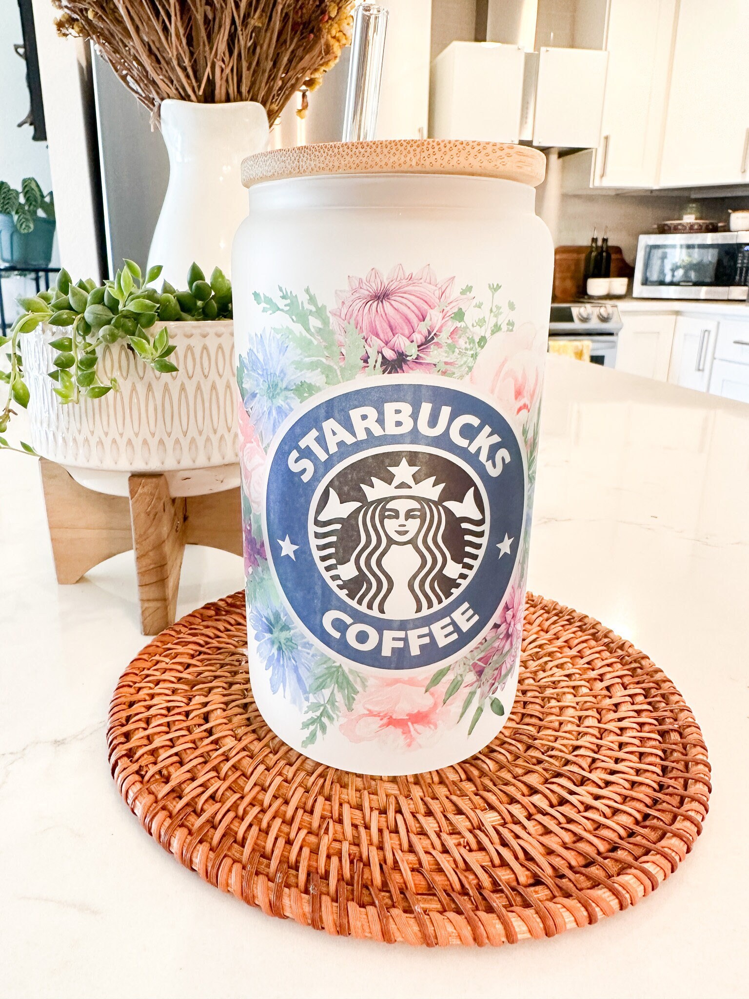 Floral Starbucks Iced Coffee Cup, Iced Coffee, 16 oz Aesthetic Glass, Gift for Mom, w/Bamboo Lid & Straw, Birthday Gift, Gift for Friend