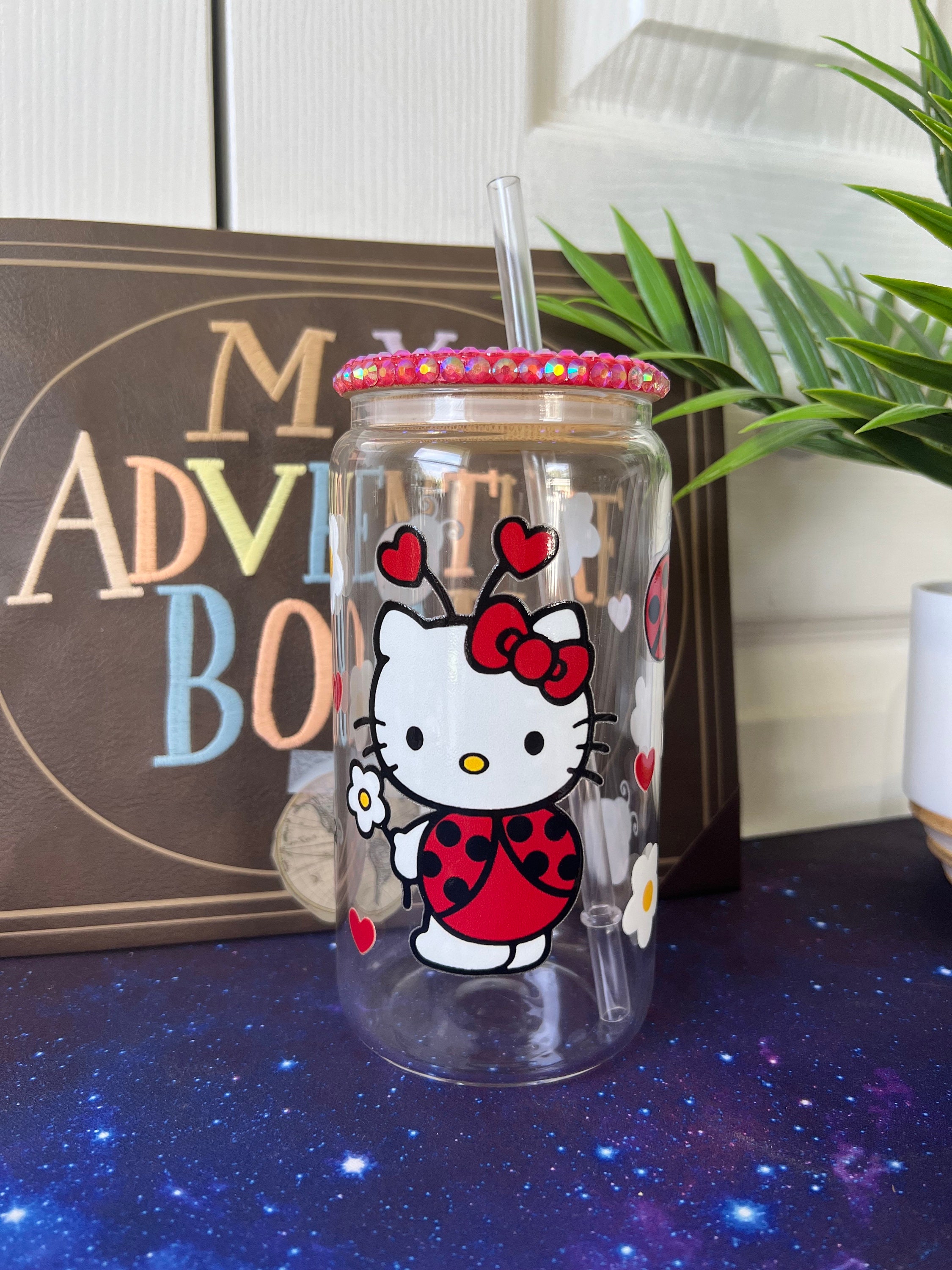 Kawaii Kitty Red Ladybug 16 Oz Clear Beer Can Glass Cup, HK Glass Cups, Summer Cups, Aesthetic Glass Cups, Rhinestone Lids, Cute Kawaii Cups