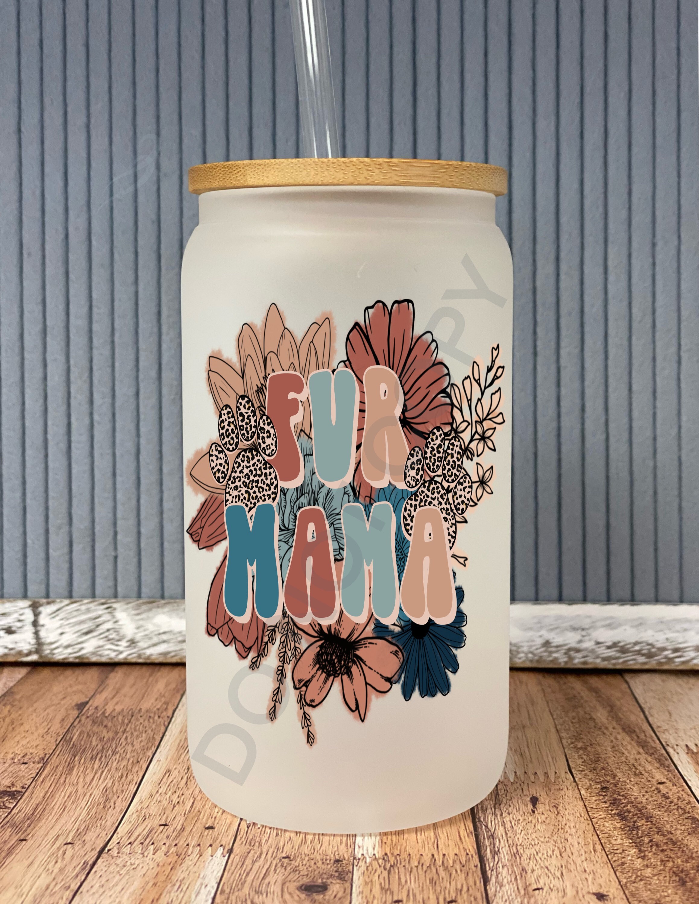 Fur mama floral retro- frosted can shaped glass with lid and straw