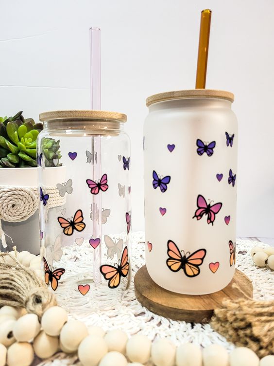 Butterfly Glass Cup, Colorful Butterflies Tumbler, Cute Iced Coffee Cup, Libbey Beer Can Glass With Lid, Butterfly Lover Gift, Aesthetic Cup