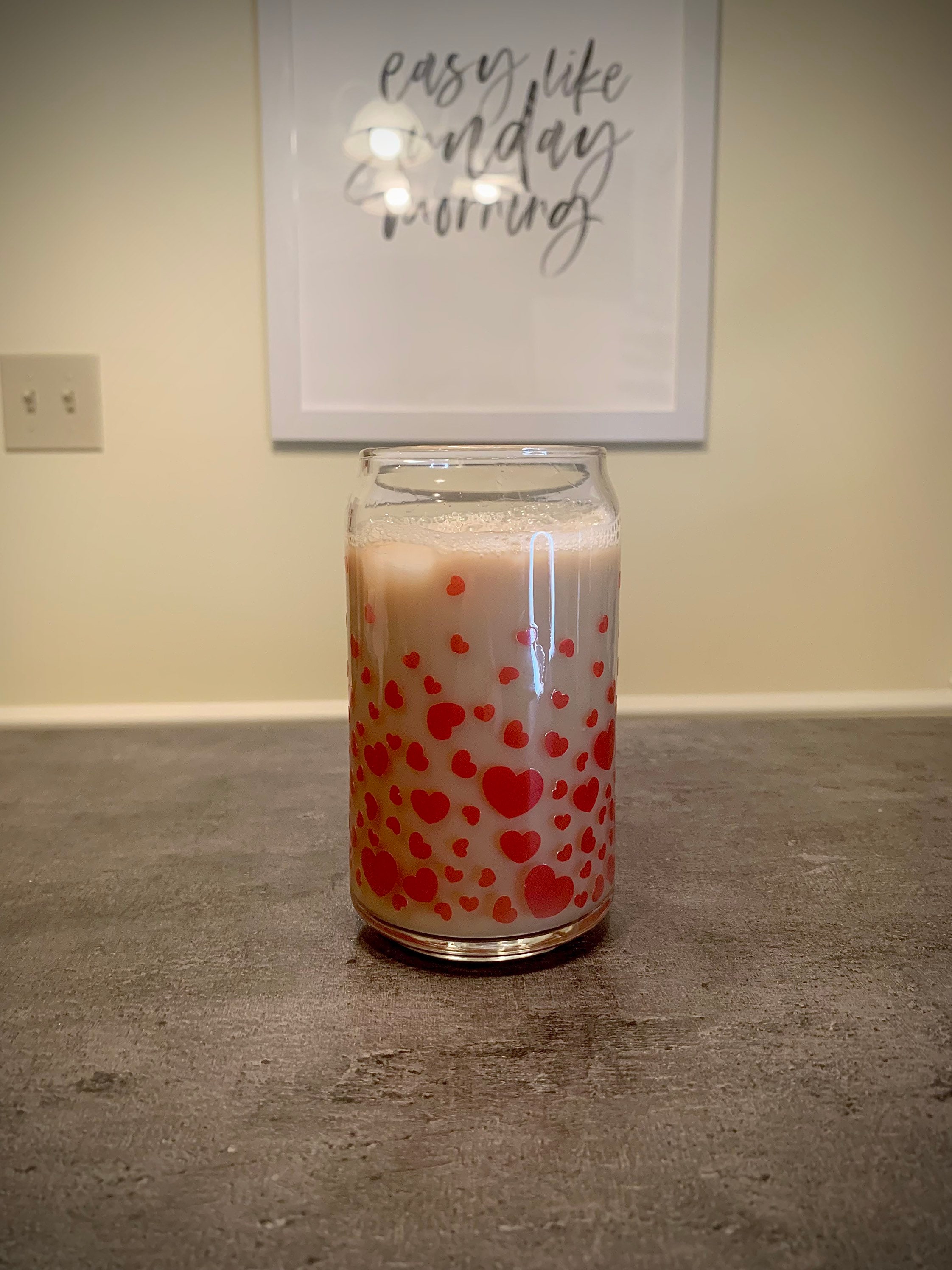 Color Changing Valentines Day Beer Can Glass / Hearts Glass / Iced Coffee Glass / Coffee Lover Cup / Gift for her / Vday gift idea /confetti