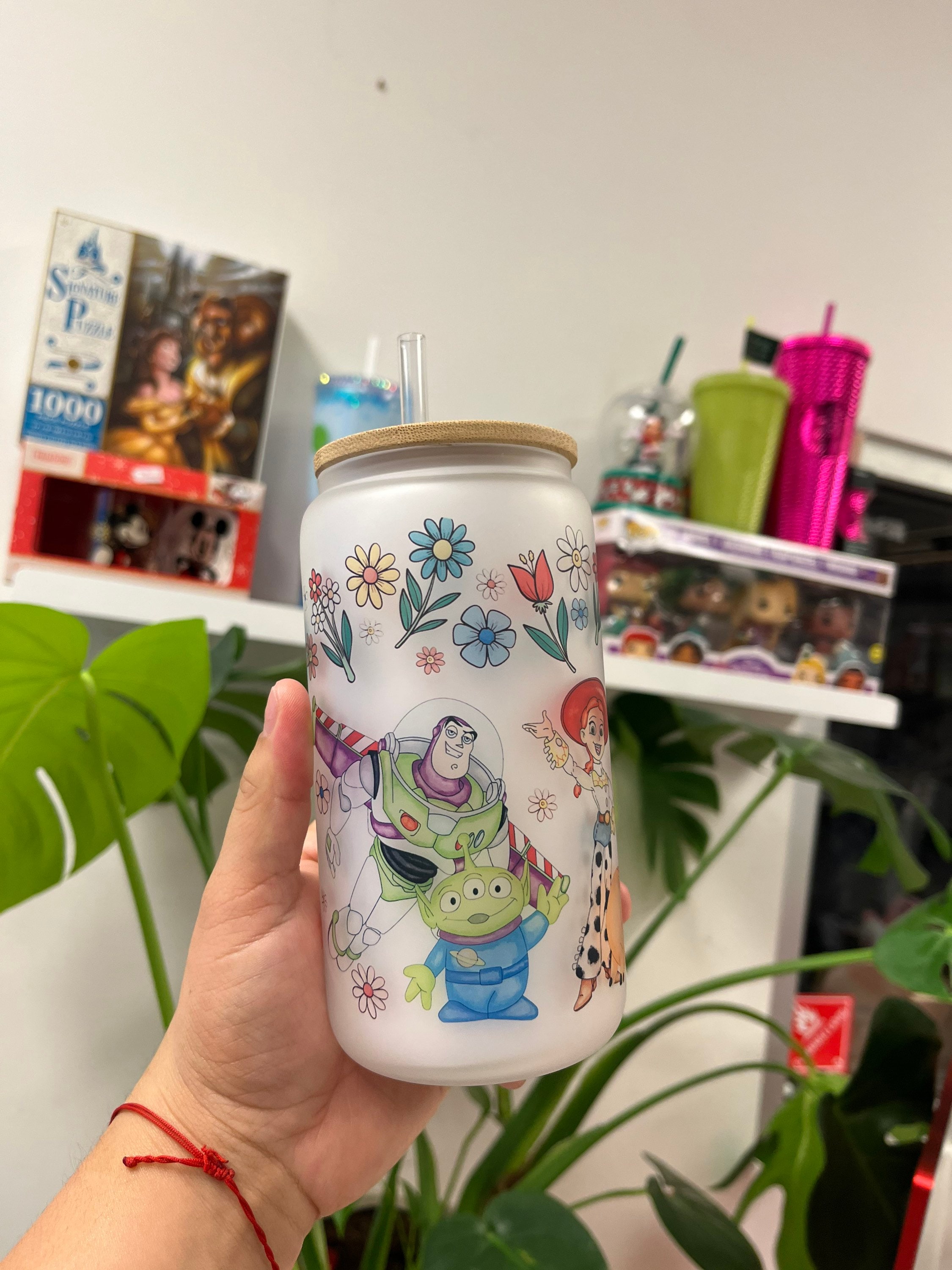 Toy Story and friends frosted glass can, Custom glass can, Toy Story glass can