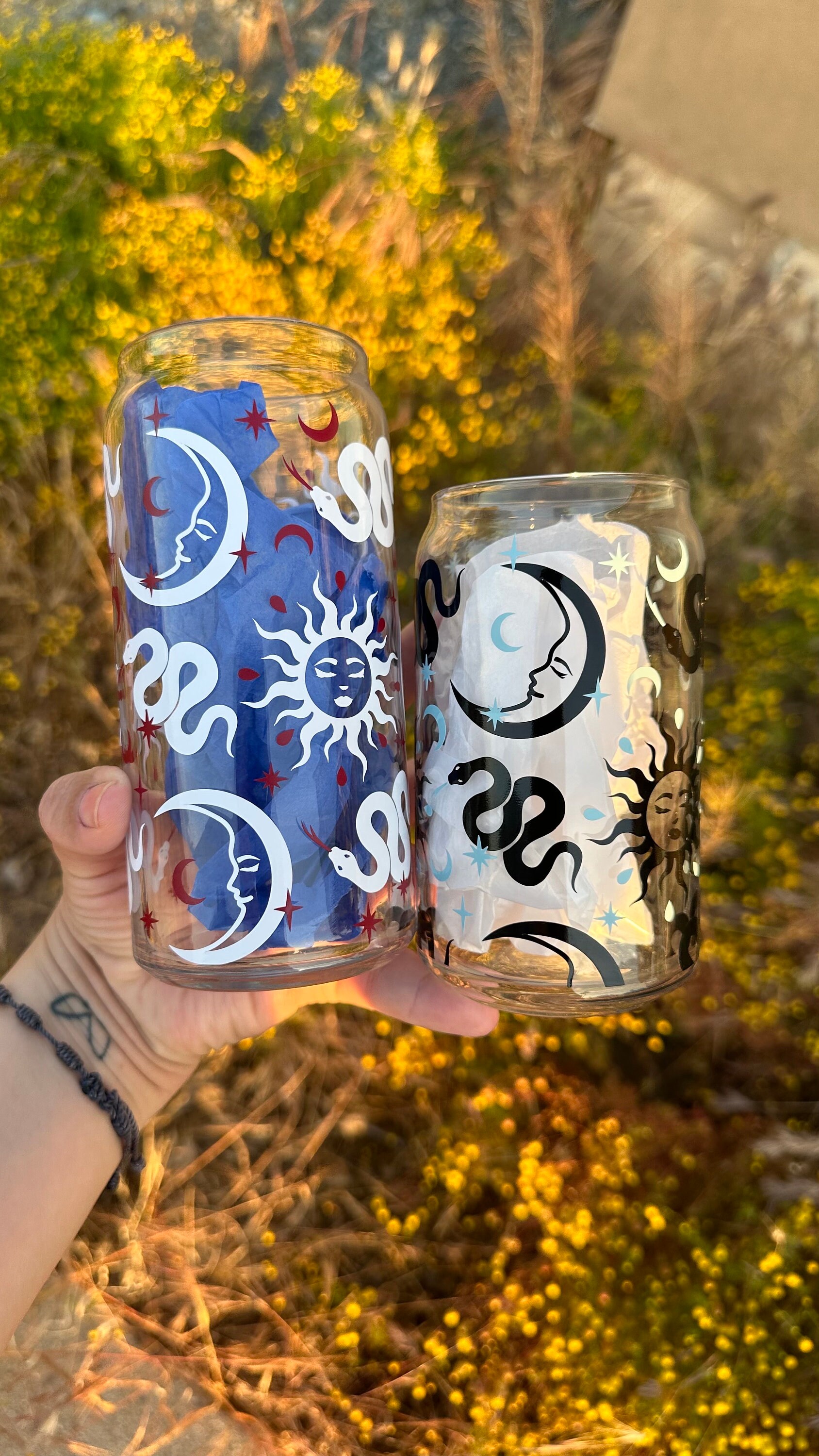 Celestial Beer Glass Can, Sun Glass Can,  Libbey Glass Can, Sun Moon Snakes, youre  Magic cup, libbey wraps, traditional sun, traditional