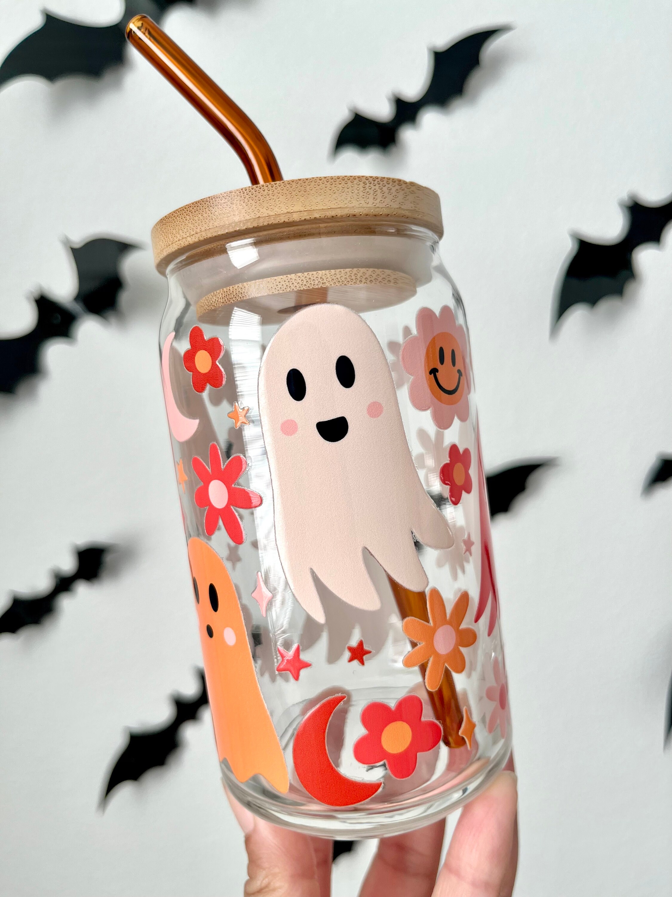 Retro Boho Ghosts Glass Cup / Halloween Glass Cup / Iced Coffee Glass / Beer Can Glass Cup / Spooky Glass Cup / Halloween Cup / Groovy Glass