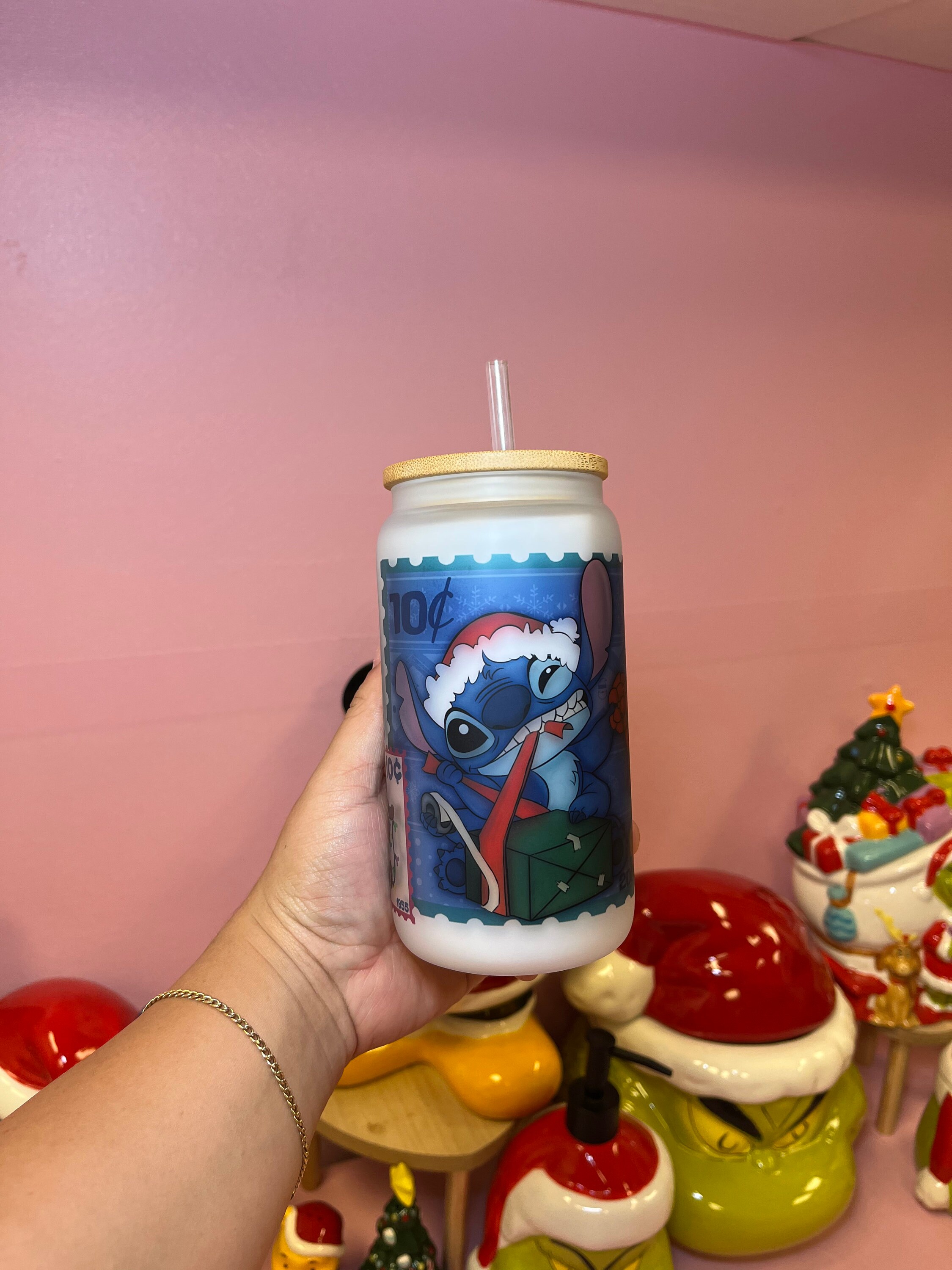 Stitch postal Christmas frosted glass can, Stitch Christmas glass can