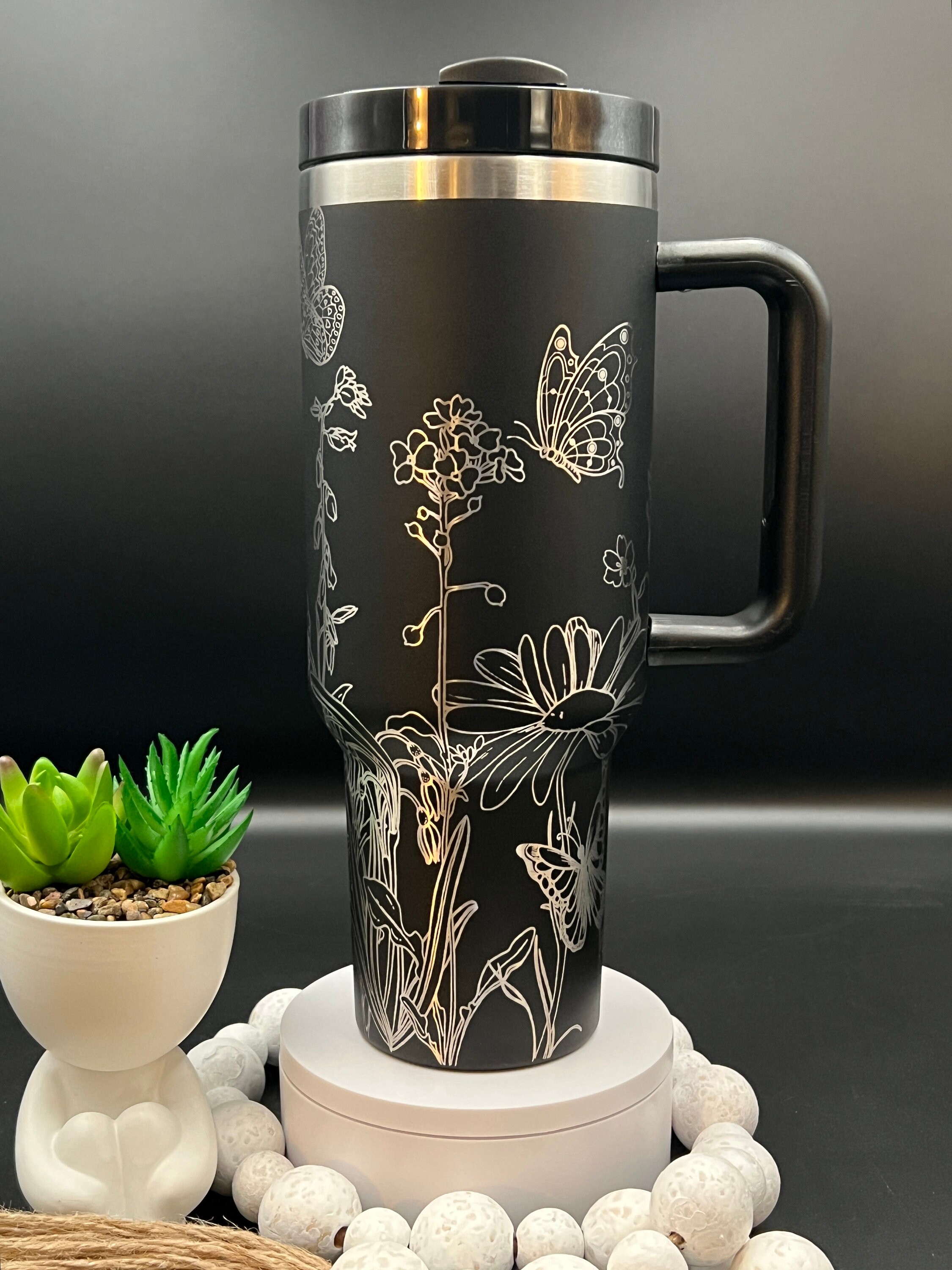 Butterflies & Blooms Laser Engraved 40oz Tumbler with Handle Lid and Straw, Custom Engraved Seamless Tumbler, Double Wall Insulated Cup