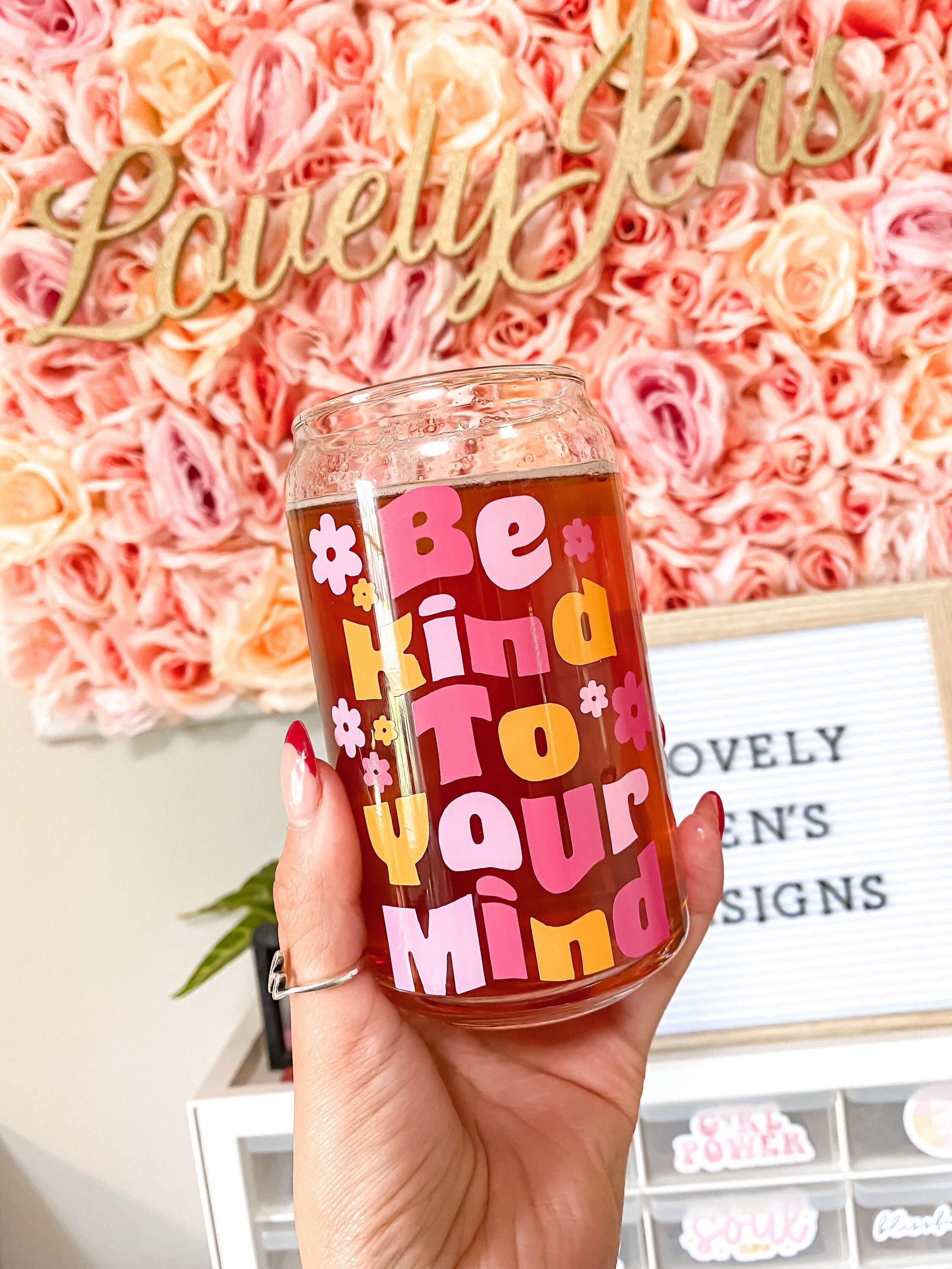 Retro Be Kind To Your Mind Beer Can Coffee Mug | Boho Shaped Glass 16 oz Cup | Daisy Tea/ Coffee Lover | Aesthetic Spring Best Friend Gift