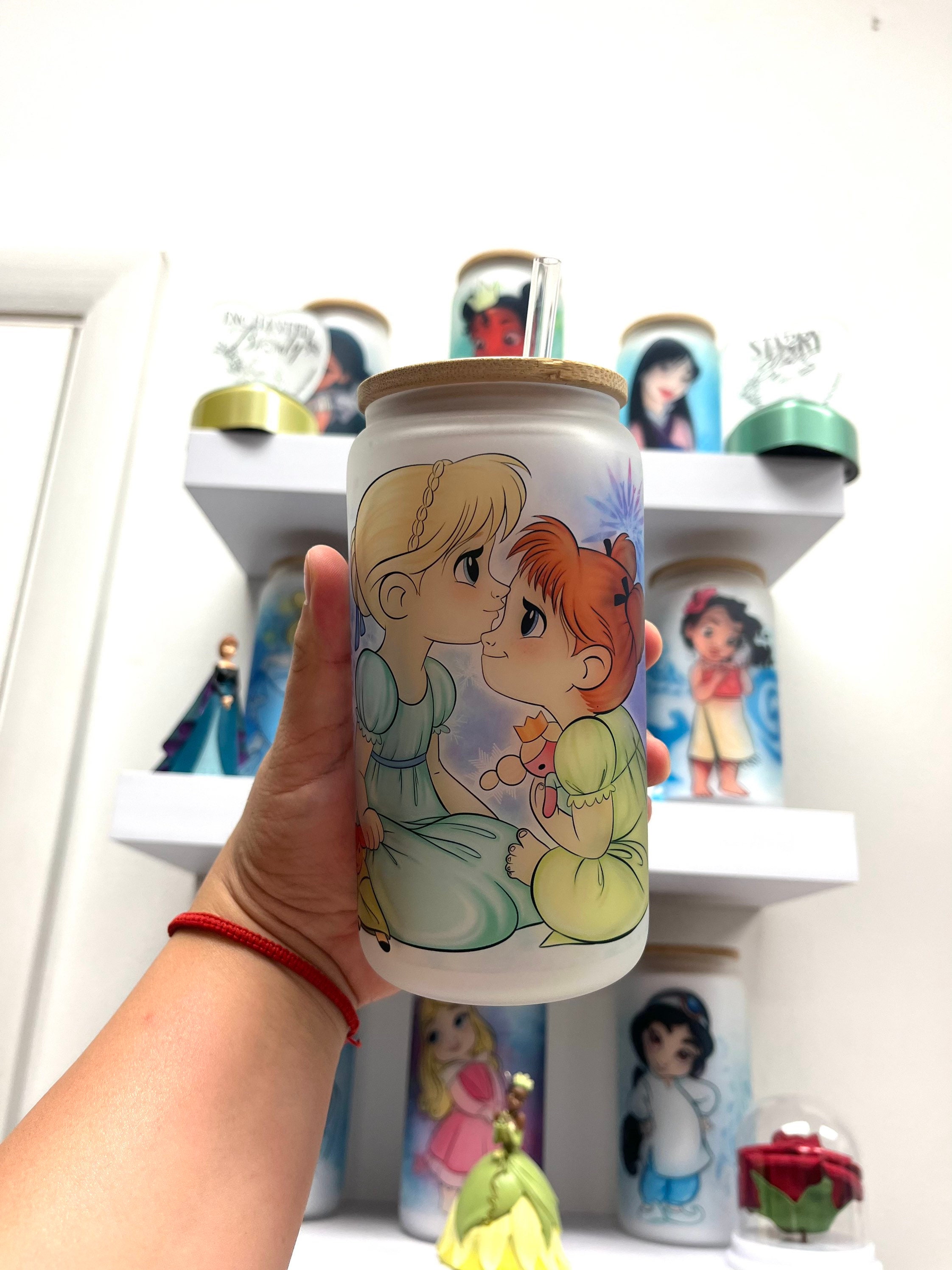 Elsa and Ana frosted glass can, Frozen glass can, Disney Elsa and Ana glass can