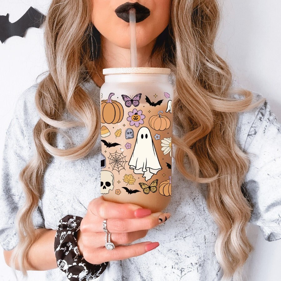 Retro Spooky Coffee Can Glass | Ghost Coffee Glass | Halloween Coffee Mug | Pumpkin Coffee Glass | Coffee Glass | Halloween Spooky Coffee