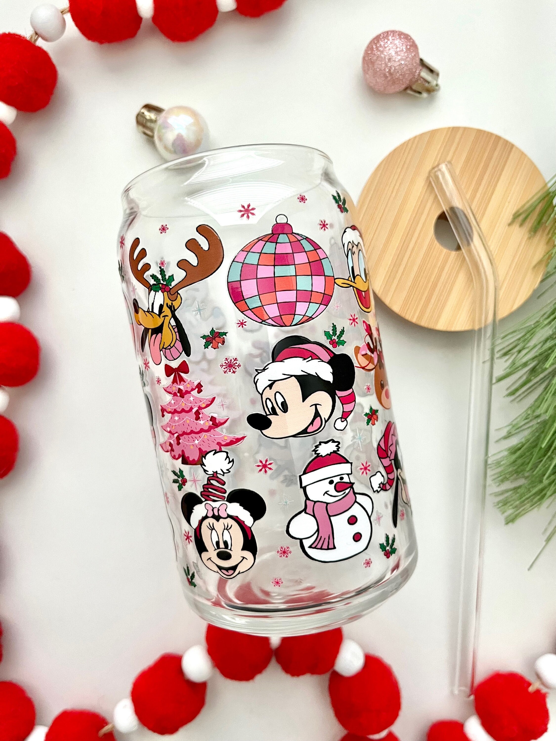 Mickey and Friends Christmas Glass Cup / Christmas Glass Cup / Iced Coffee Glass / Christmas Tumbler / Christmas Gift