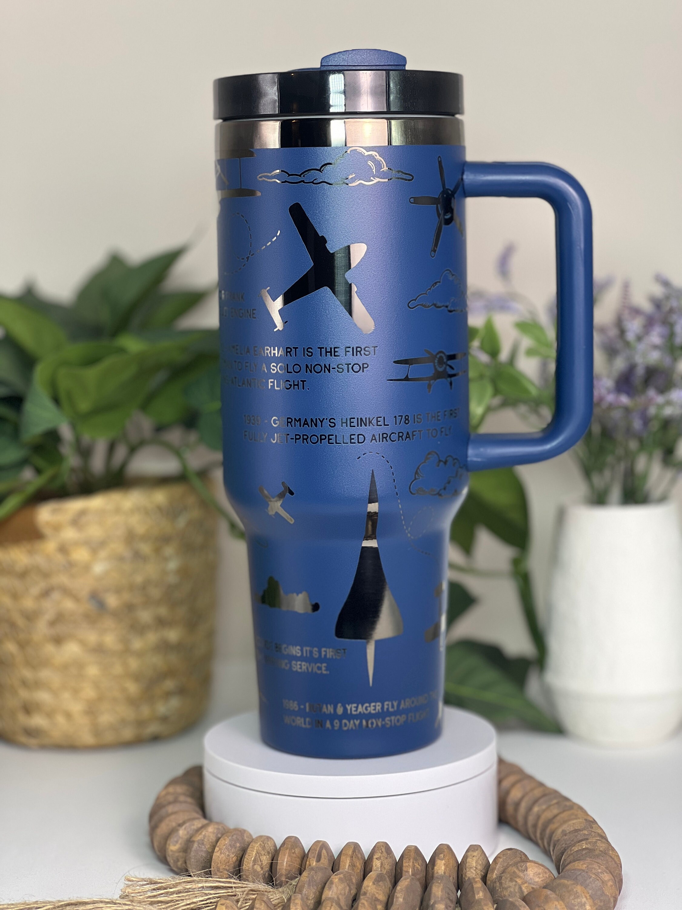 Aviation History Airplane Laser Engraved 40oz Tumbler with Handle Lid and Straw, Custom Engraved Seamless Tumbler, Double Wall Insulated Cup