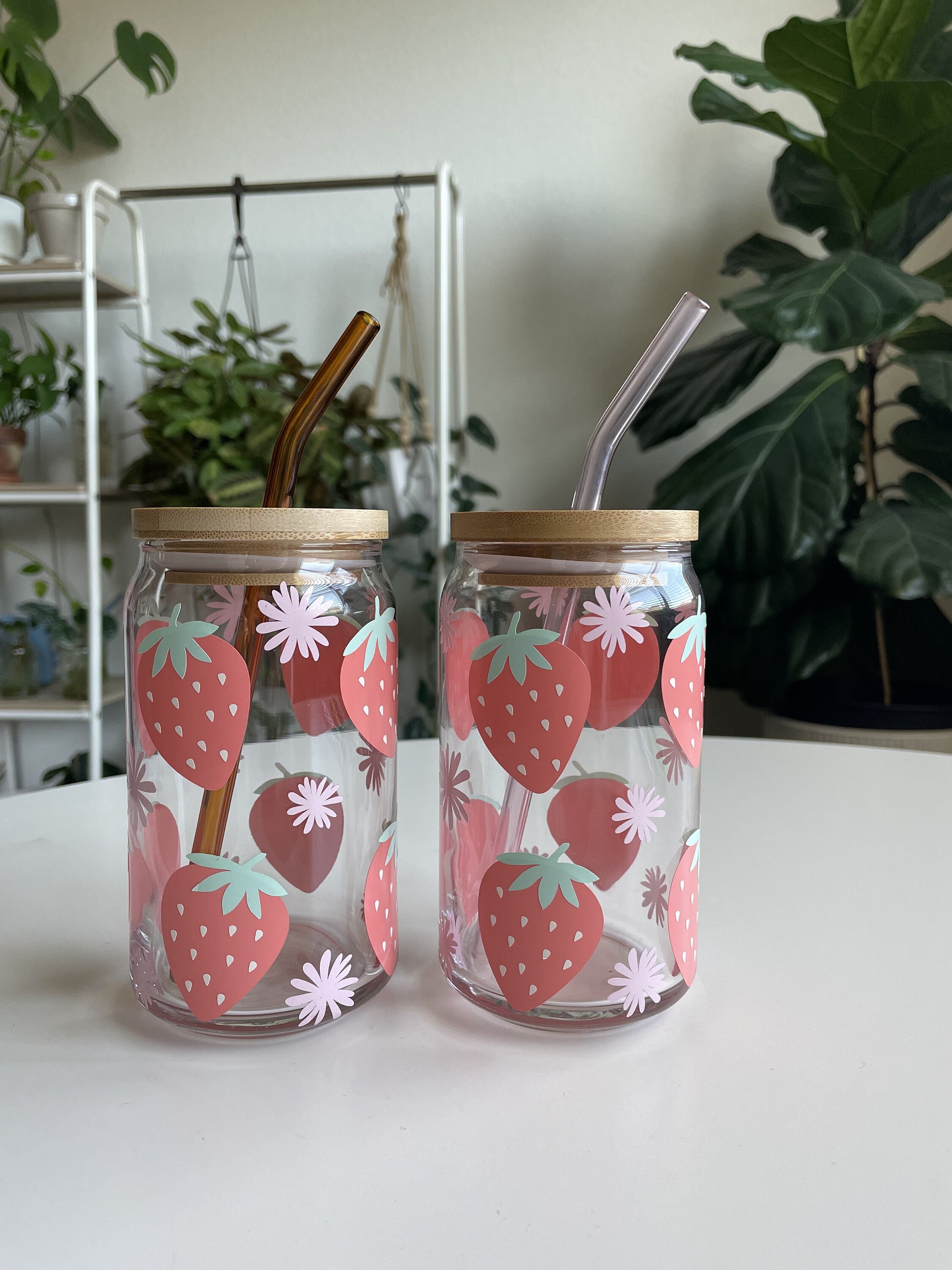 Strawberry Cup, Reusable Glass Cup, Boho Strawberry Glass, Fruit Glass Cup, Easter Basket Gift, Teacher Gift, To-Go Cup for Coffee, Tea Mug