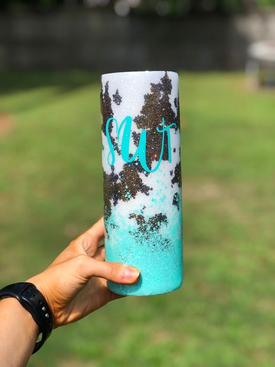 Matte Glitter Cow Print Tumbler Teal Chunky Glitter Cowhide Cow Spot Tumbler