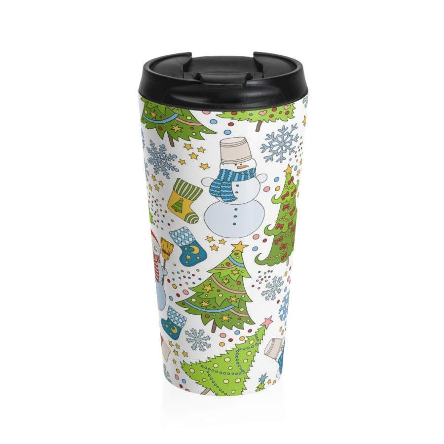 Stainless Steel Travel Mug, Christmas Winter Snowman Tree Travel Mug, All Over Print Steel Mug, 15 Ounce Tumbler, 15oz Coffee Tea Drinkware