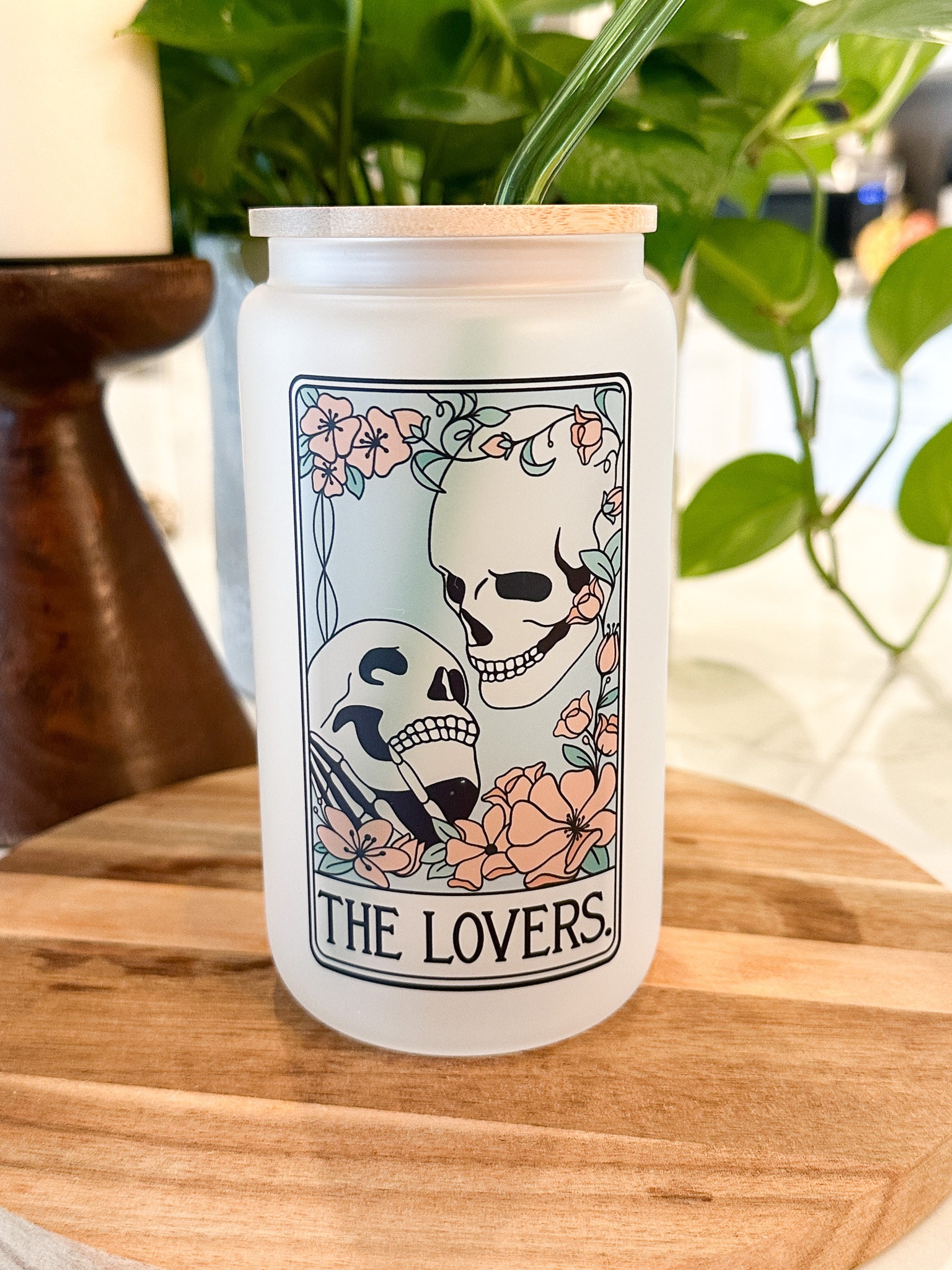 The Lovers Tarot Card Glass Tumbler, Iced Coffee Glass, 16 Oz Glass Can, Ice Coffee Drink, Coffee Lover Gift, Glass w/ Bamboo Lid & Straw