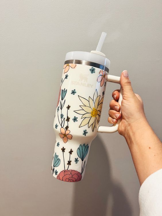 Muted Neutral Floral Painted Stanley Tumbler