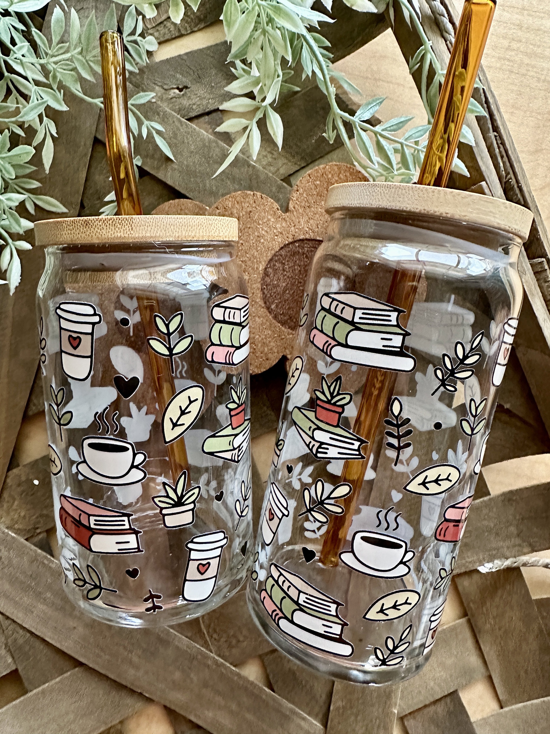 Books And Coffee beer can iced coffee glass  Book Lover Gifts  Books and Coffee  Plant Lover  Iced coffee Libbey glass