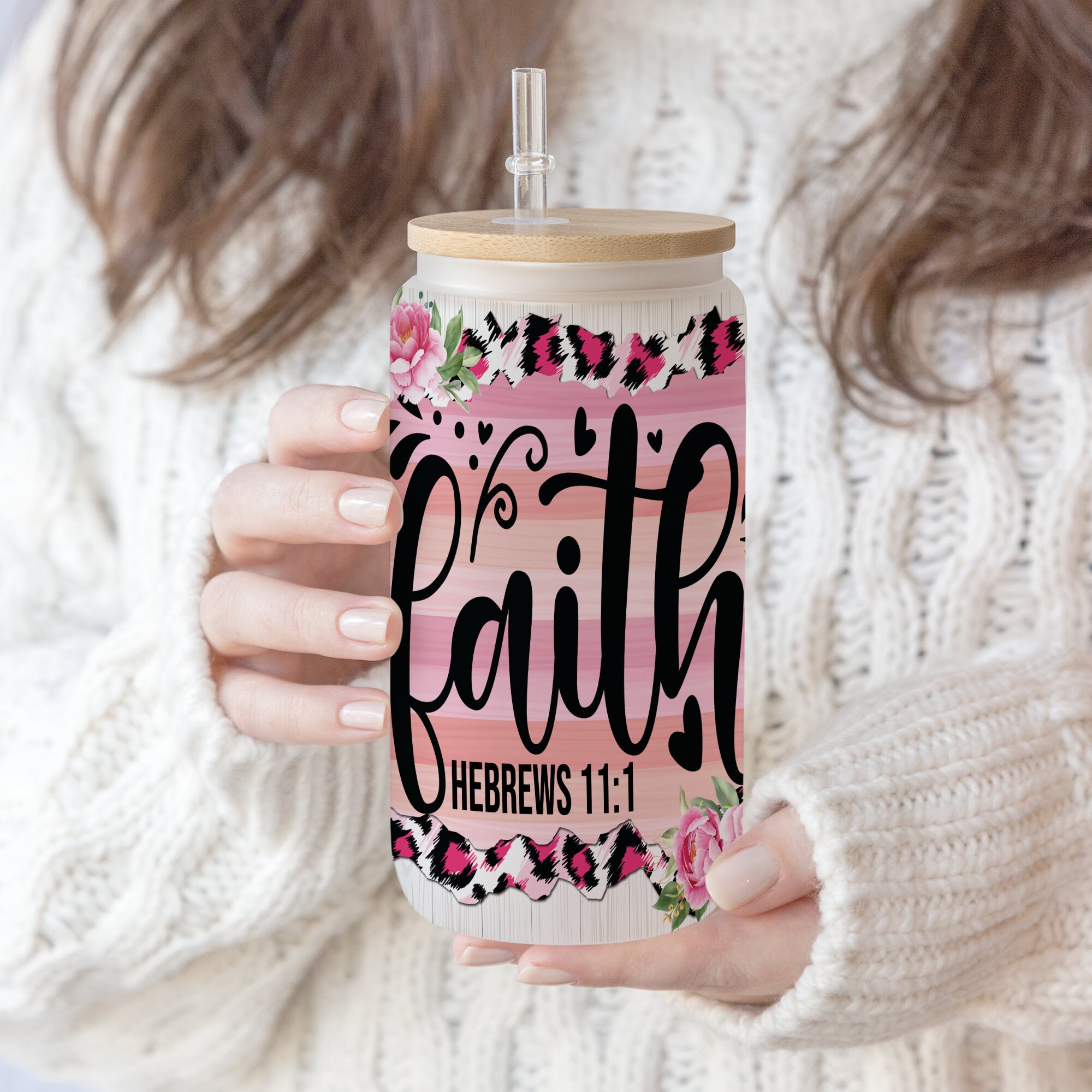 3 Files 16 oz Libbey Glass Can Faith Flower Pink Leopard Sublimation Designs , Flower Biblical Glass can Design, Christian Tumbler png PNG