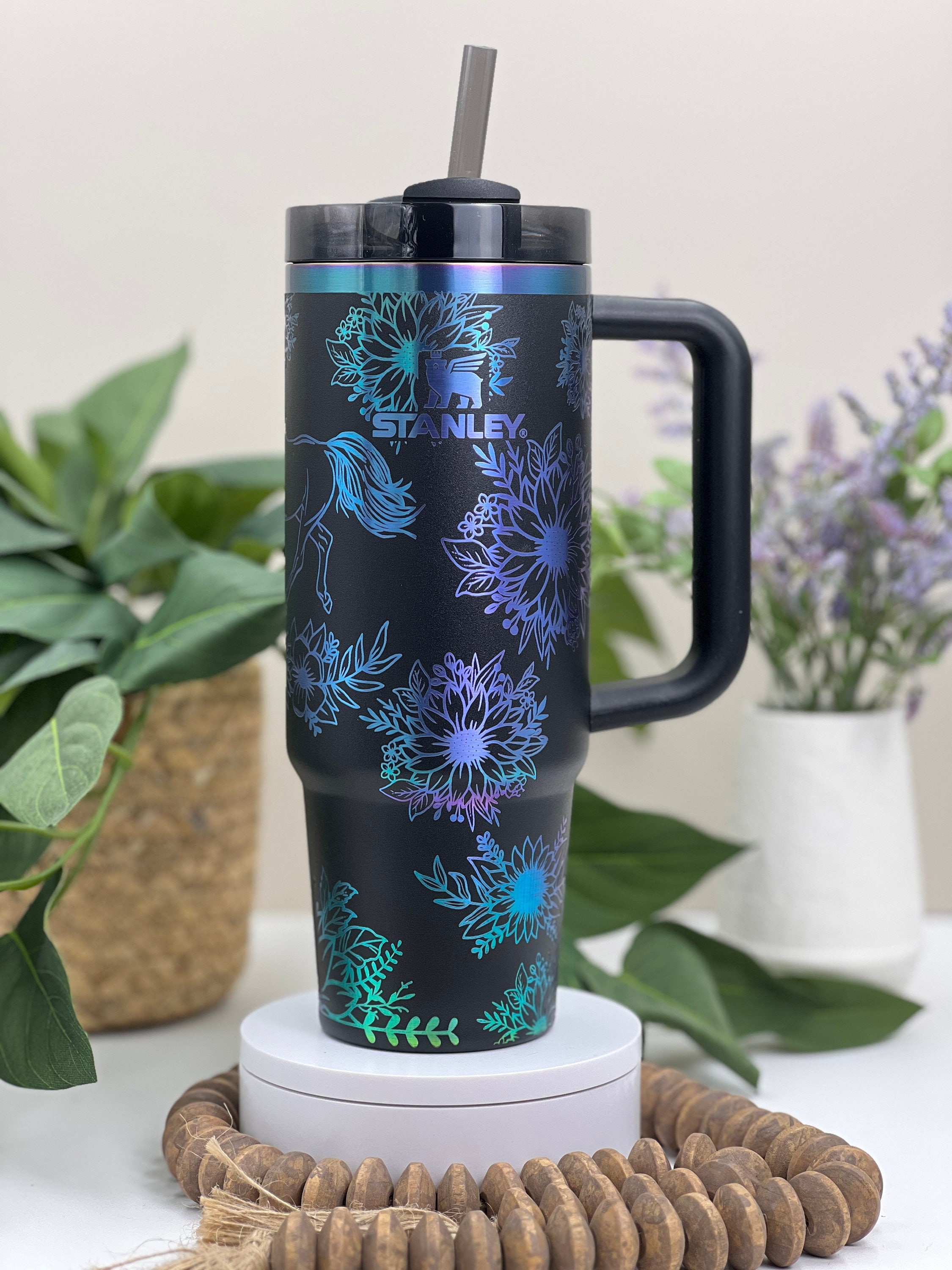 Sunflowers Horse Laser Engraved 40oz Tumbler with Handle Lid and Straw, Custom Engraved Seamless Tumbler, Double Wall Insulated Cup