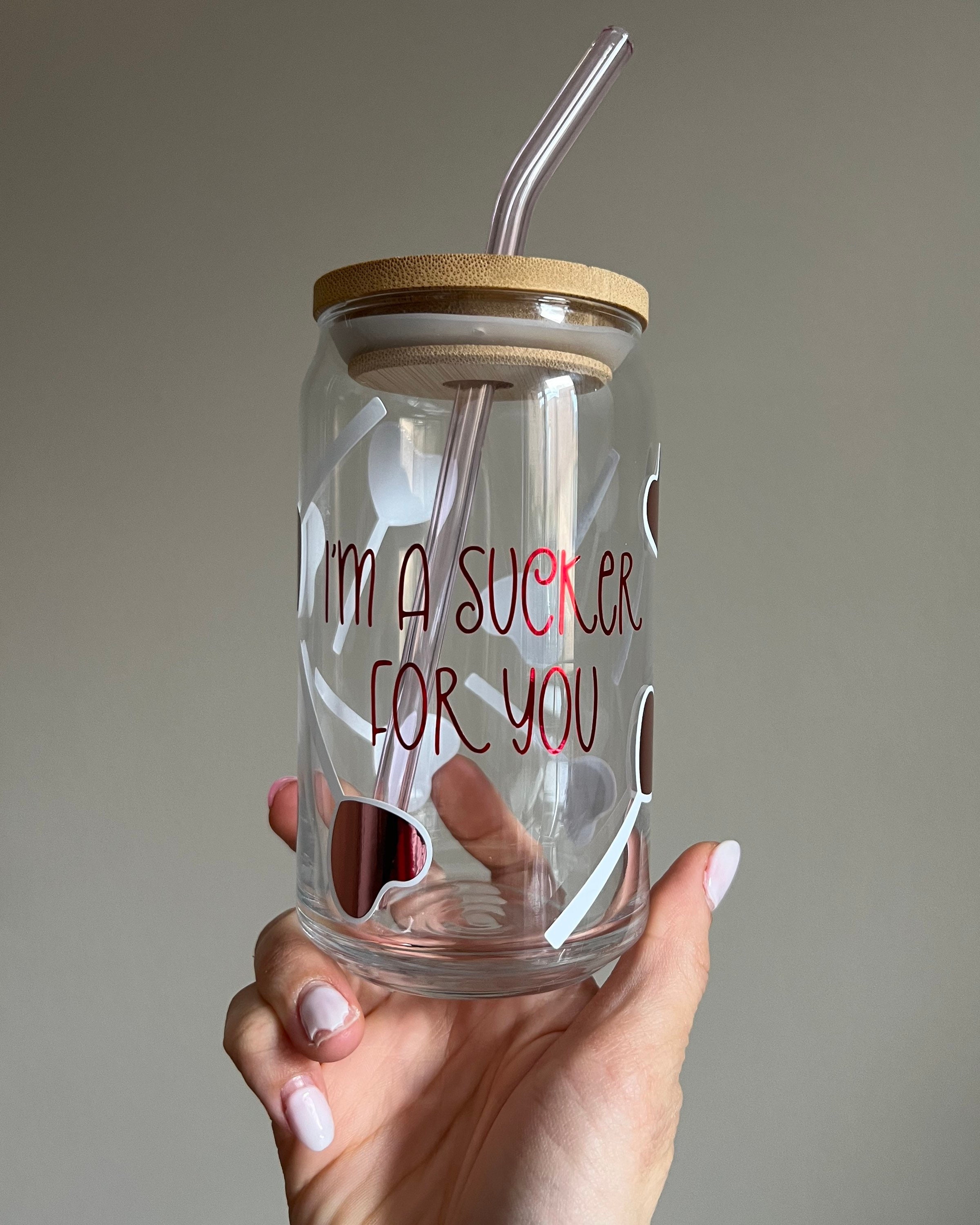 Valentines Day Beer Can Glass | Im a Sucker for You Cup | Valentines Gift | 16oz Libbey Glass with Bamboo Lid and Glass Straw Add on