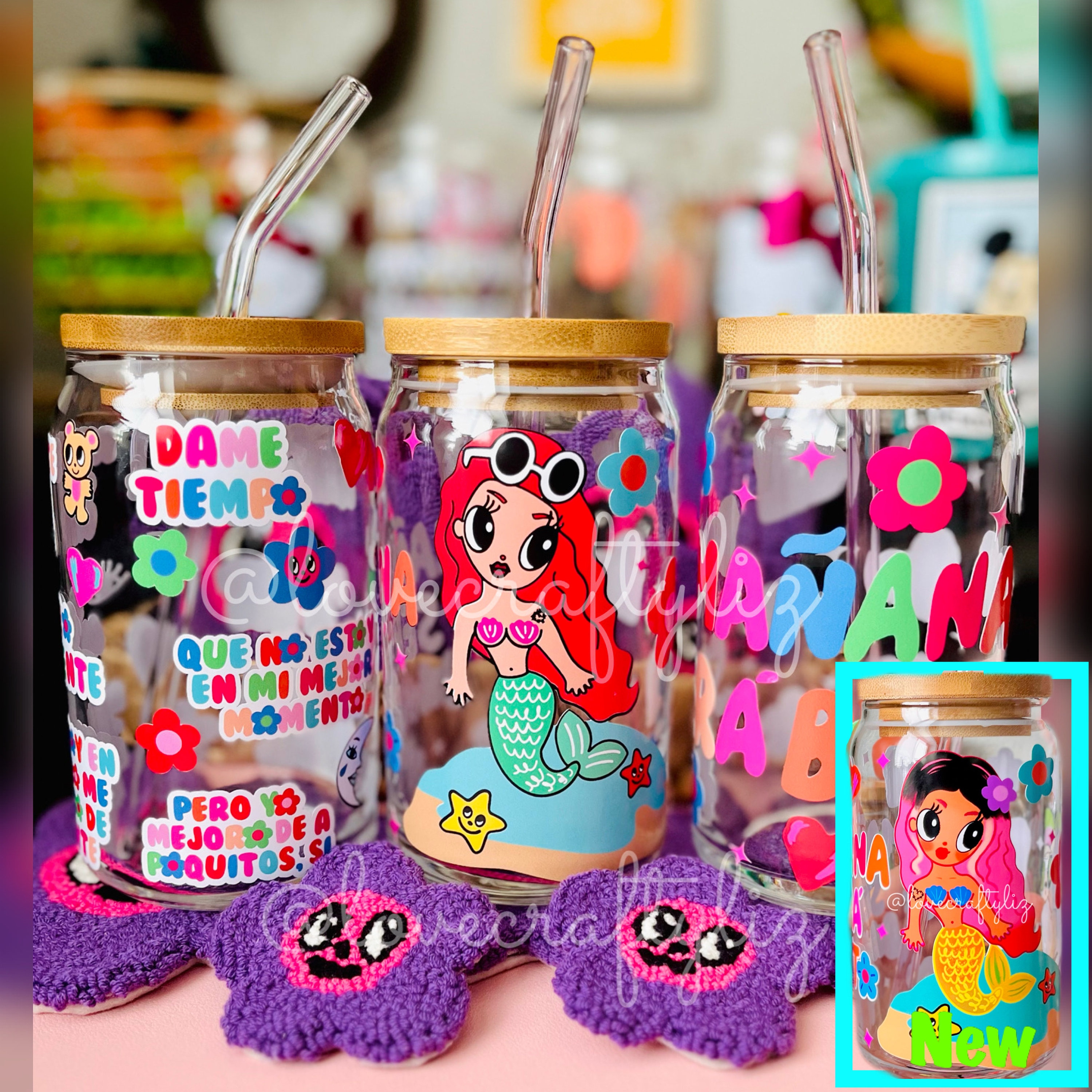 Karol G Mañana Será Bonito 16 oz Beer Can Glass | Bebecita Bebesota | Bichota | Mamiii Cup | Coffee Glass | Sirena |  Little Mermaid Flower