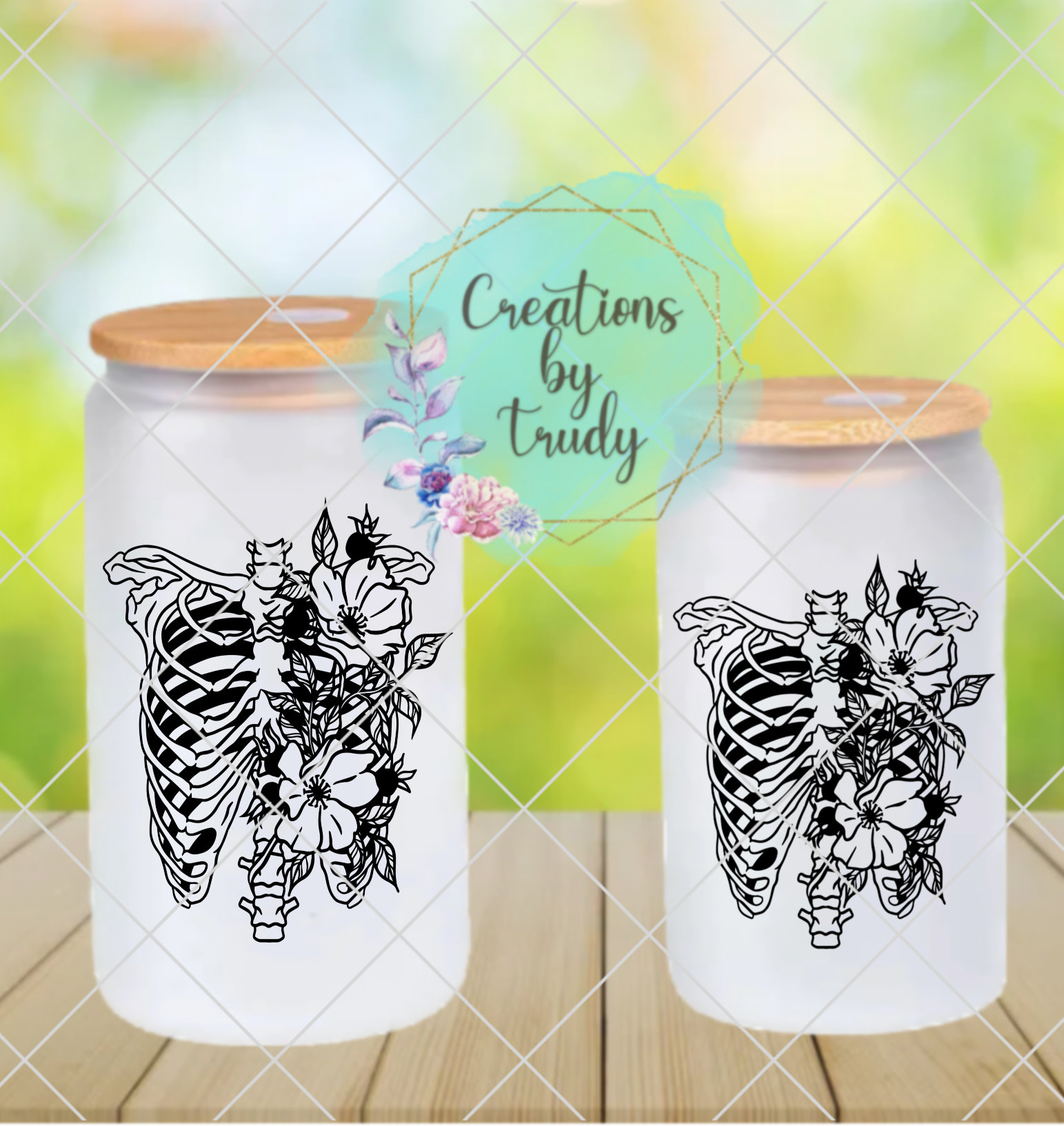 Floral rib cage- frosted can shaped glass with lid and straw