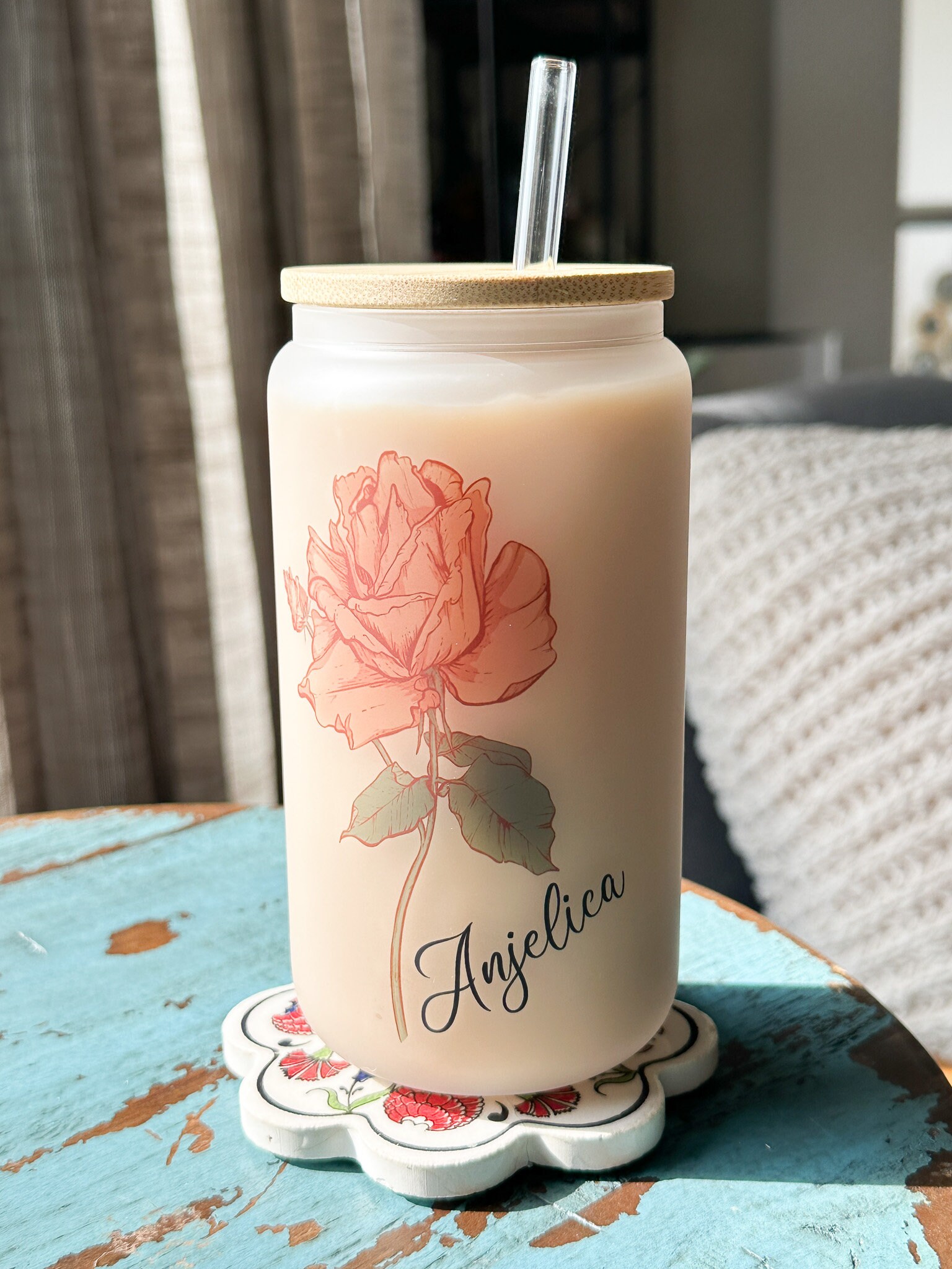 Birth Month Flower Coffee Glass, Birthday Gift for Coffee Lover, Floral Tumbler Gift, 16 oz Frosted Glass Cup, Ice Coffee Drink, Lid & Straw