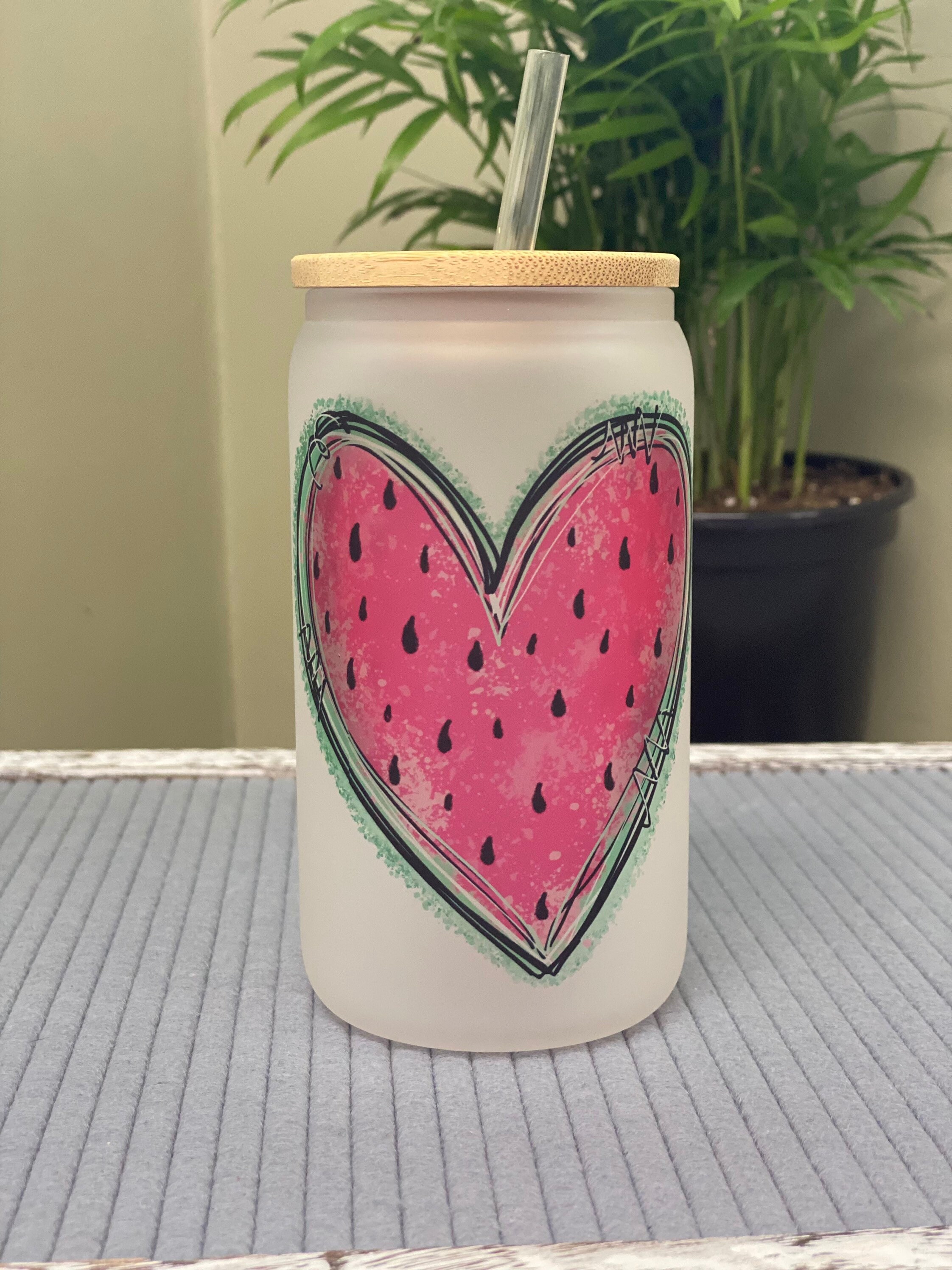 Watermelon heart- frosted can shaped glass with lid and straw