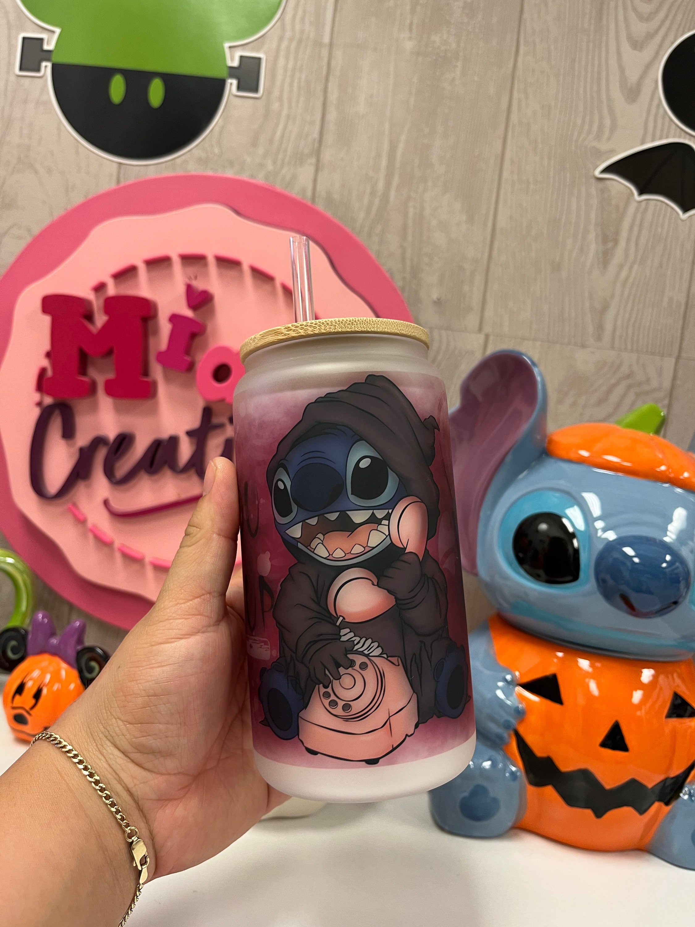 Stitch scream frosted glass can, Stitch custom glass can