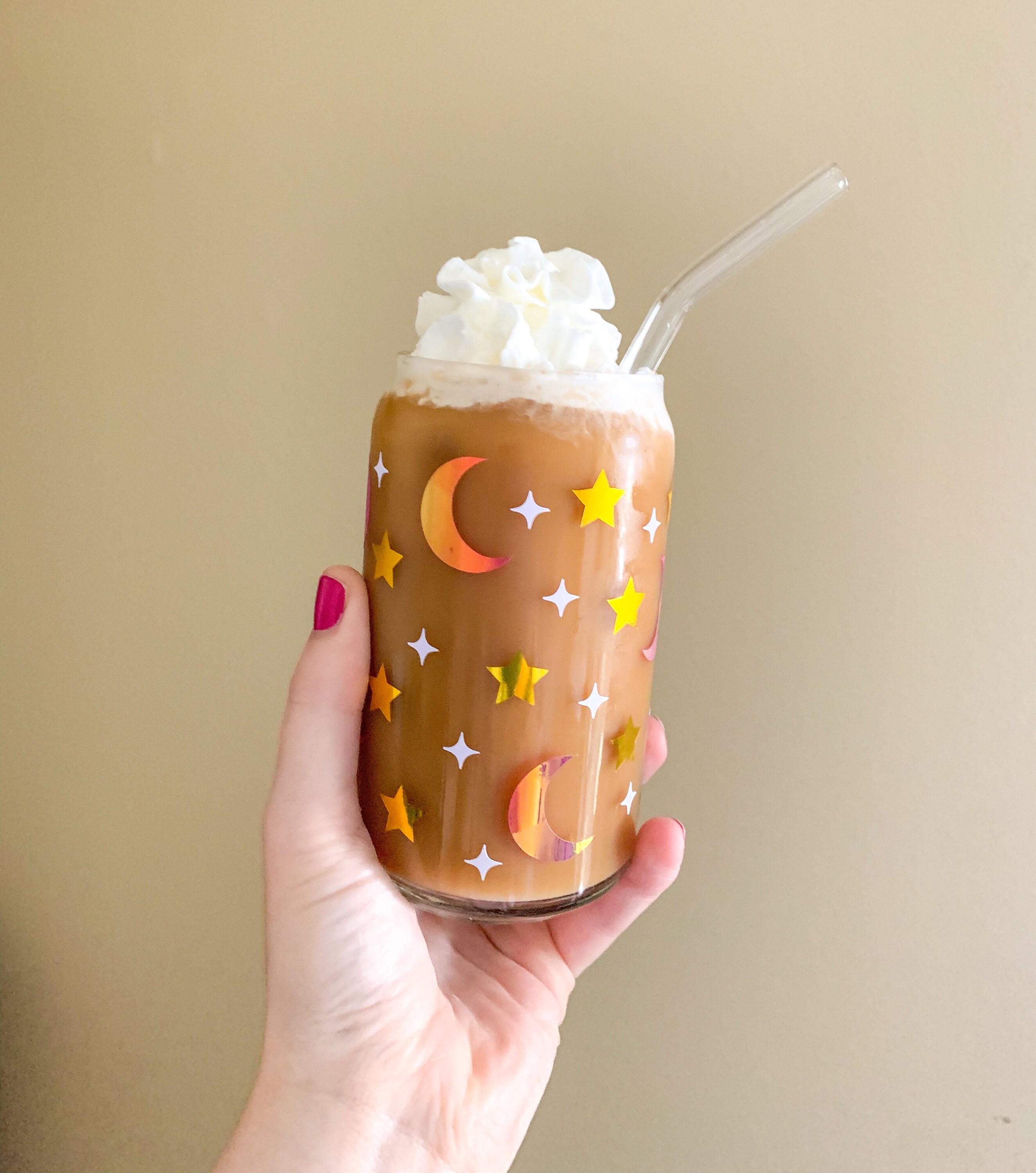 Moon Stars Glass Cup | Moon Glass Cup | Iced Coffee Glass | Trendy Iced Coffee Cup | Moon Gift | Crescent Moon Gift | Crescent Moon Cup