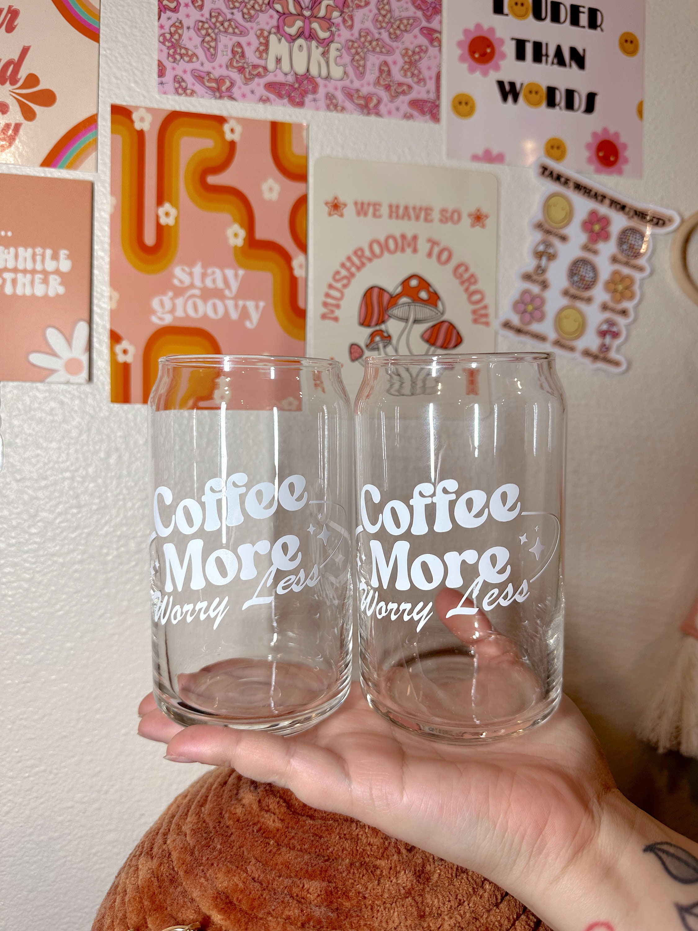 Coffee More Worry Less Glass Cup, Coffee Glass Cup, Retro Glass Cup