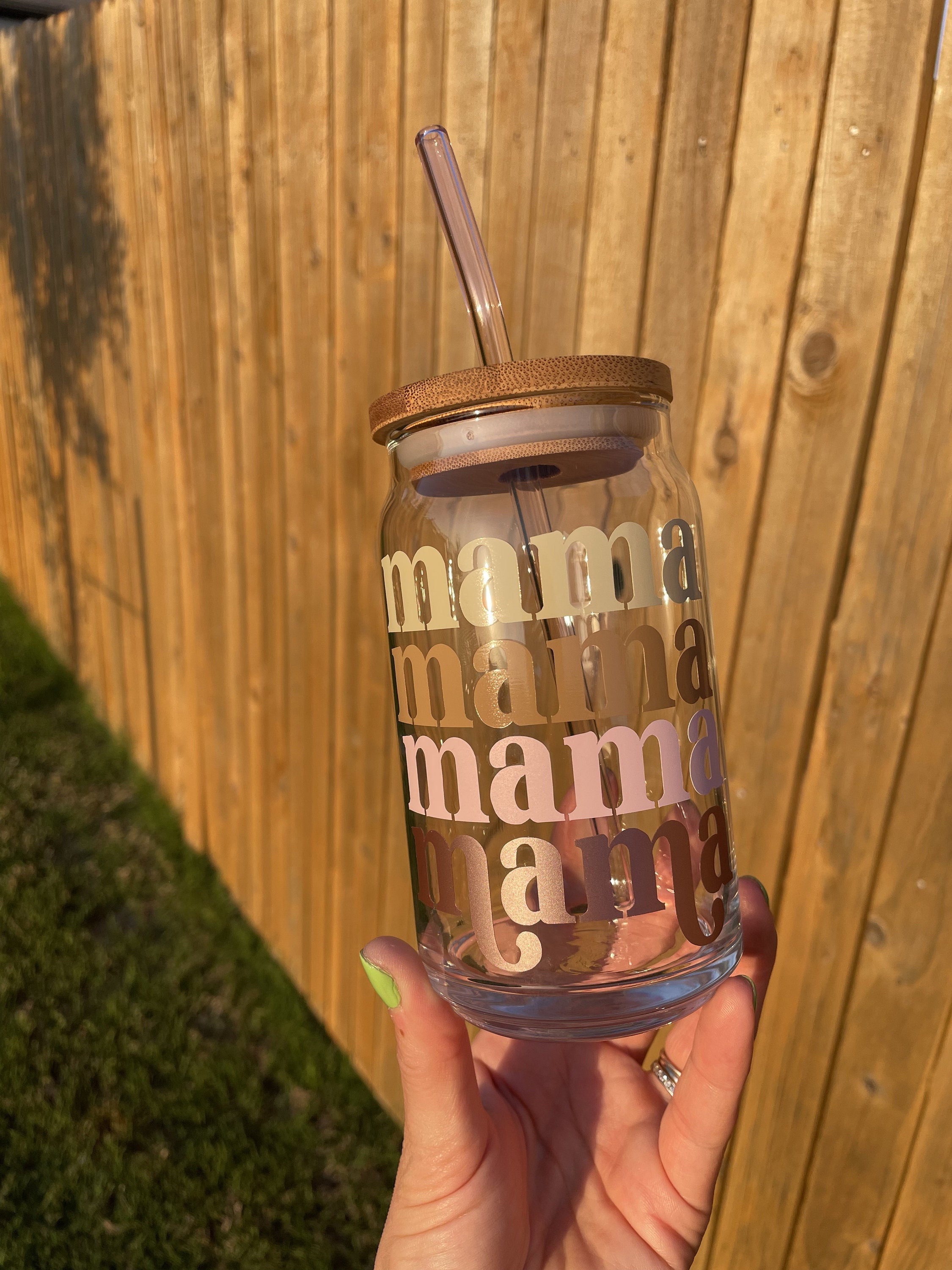 Custom Color Mama Iced Coffee Cup, Neutral Can Glass with Lid and Straw, Gifts for Mom