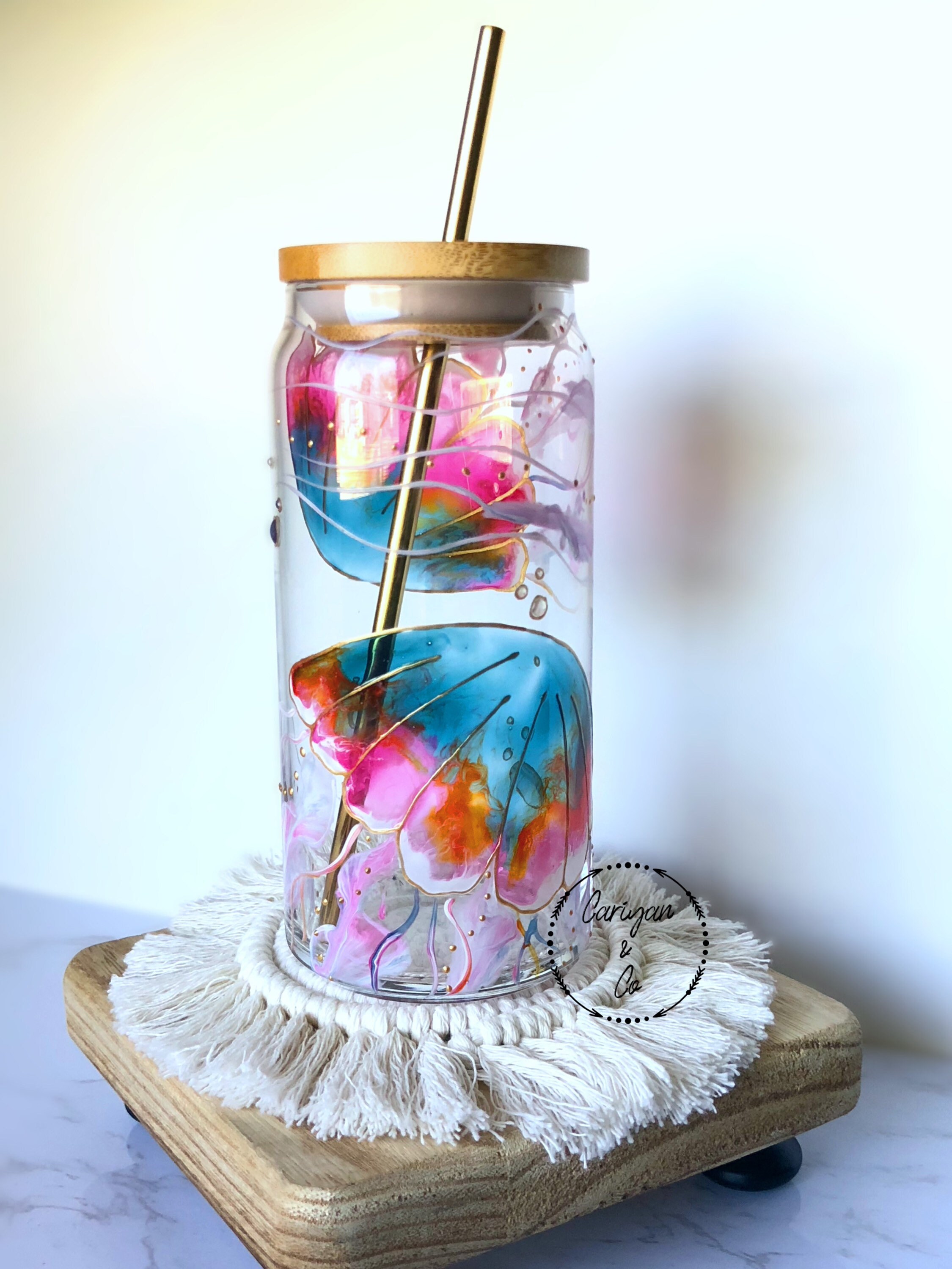 Hand Painted Iced Coffee Glass Cup, Jellyfish Glass Can Cup