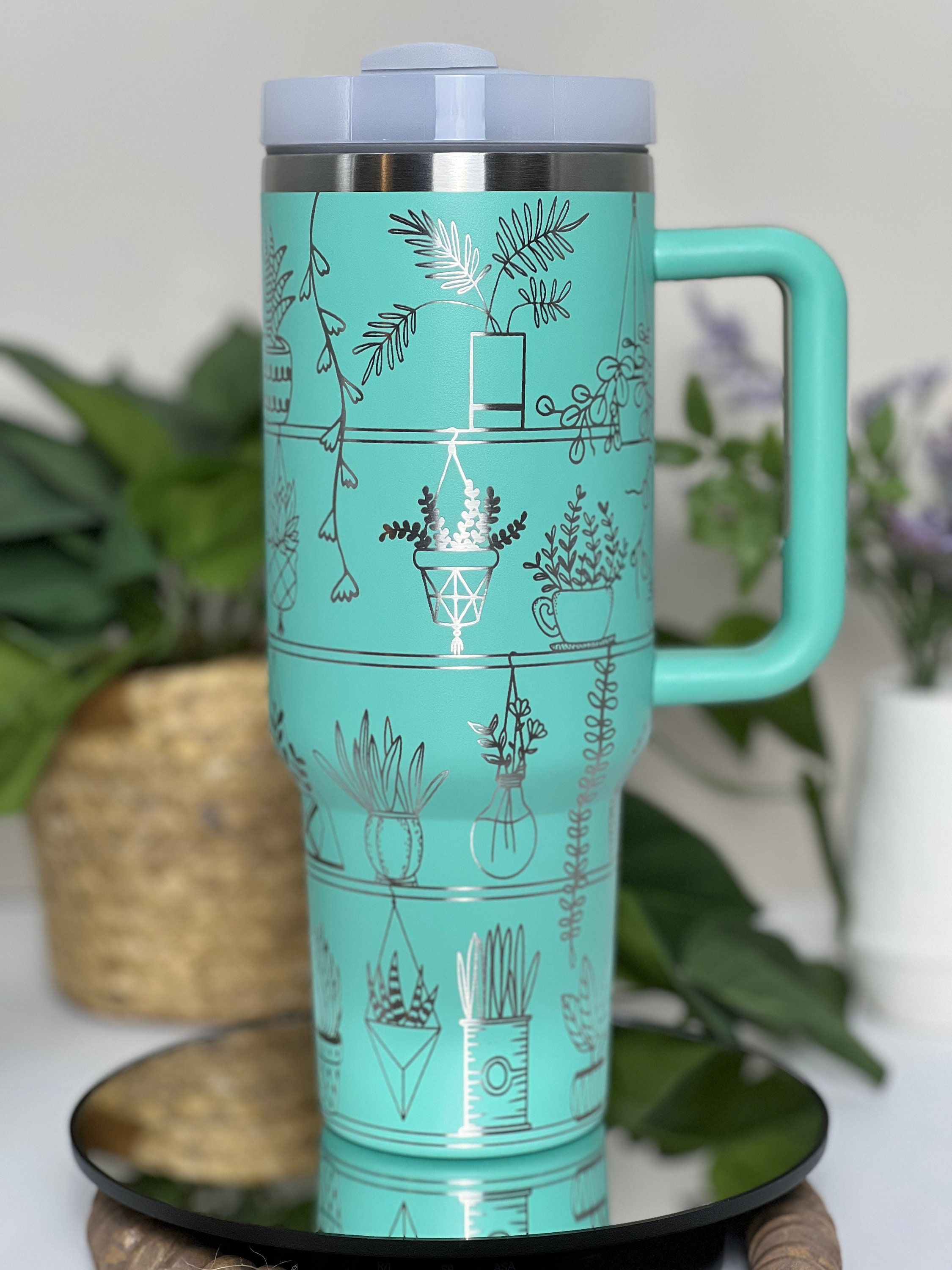 Plant Shelves Laser Engraved 40oz Tumbler with Handle Lid and Straw, Custom Engraved Seamless Floral Tumbler, Double Wall Insulated Cup